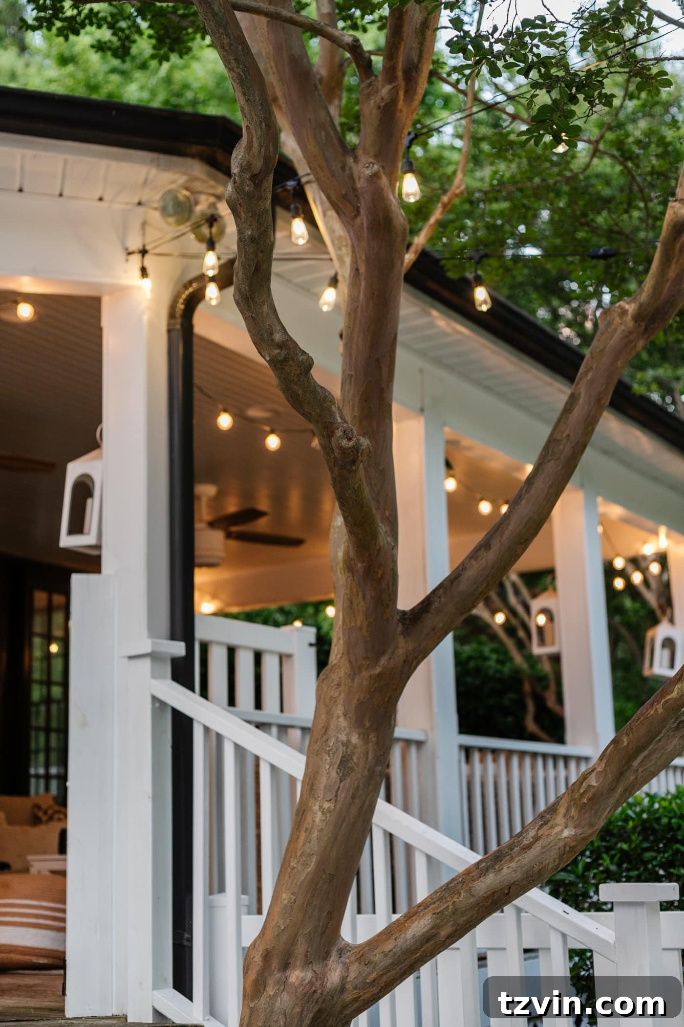 Creative String Light Solutions for Every Backyard Corner 6 lights hanging from a house through trees