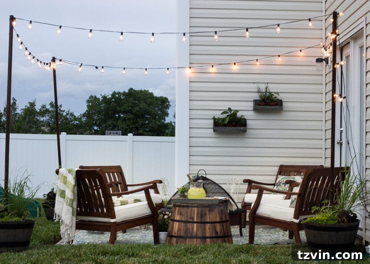 Creative String Light Solutions for Every Backyard Corner 59 planter posts with string lights hanging around a patio