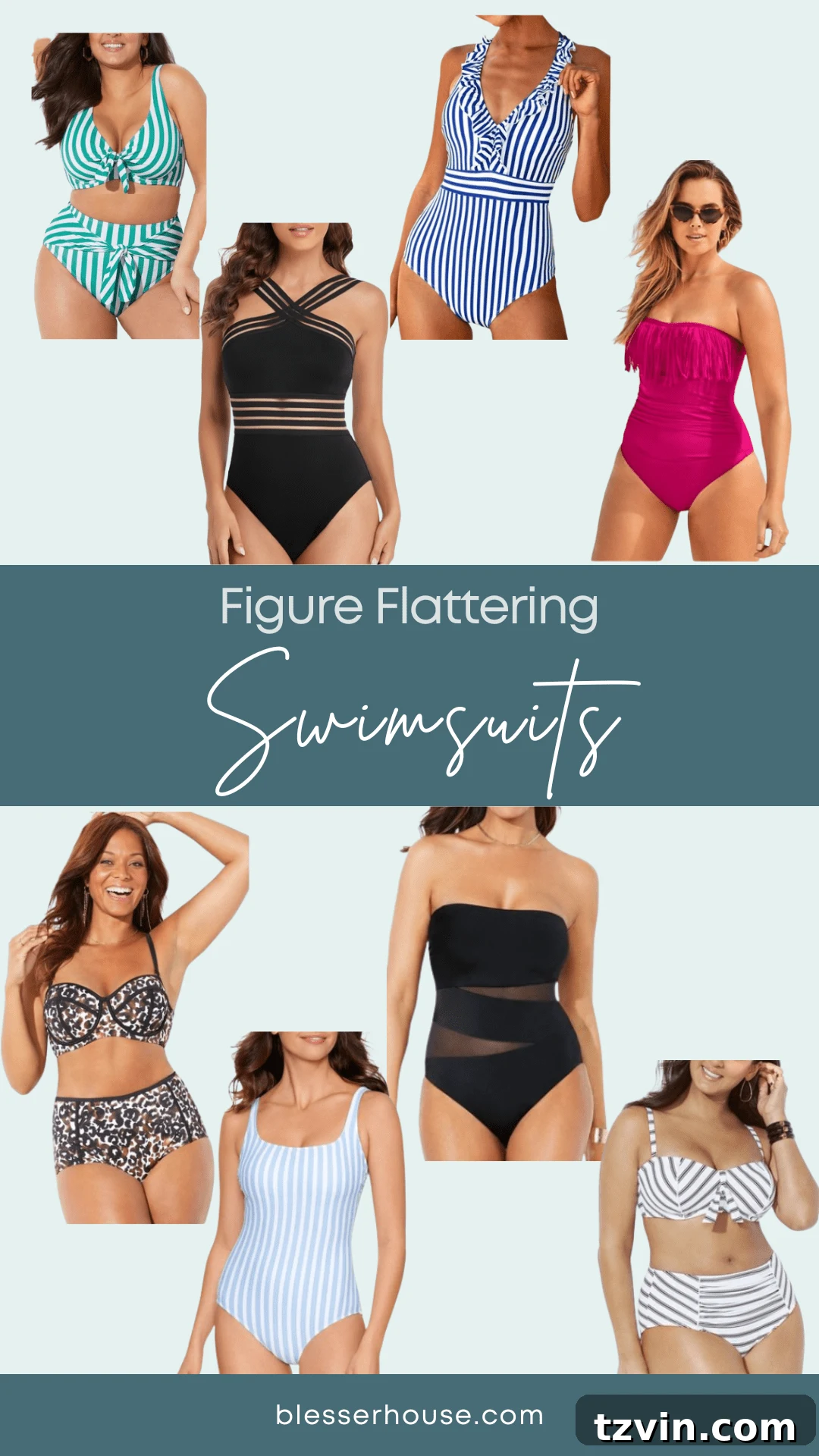 collage of figure flattering women's swimsuits