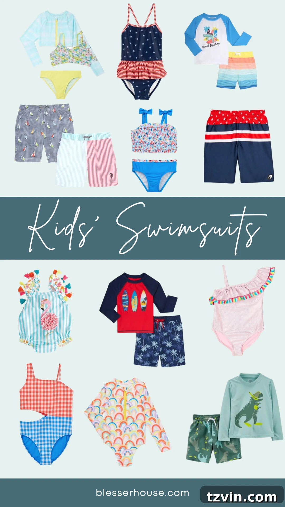 collage of Walmart swimsuits for girls and boys