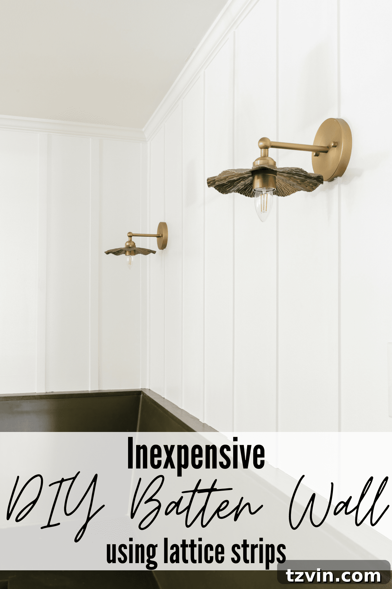 Create a Budget Batten Wall with Lattice Strips 2 A DIY batten wall behind brass vintage sconces above a green banquette bench in a cozy breakfast nook