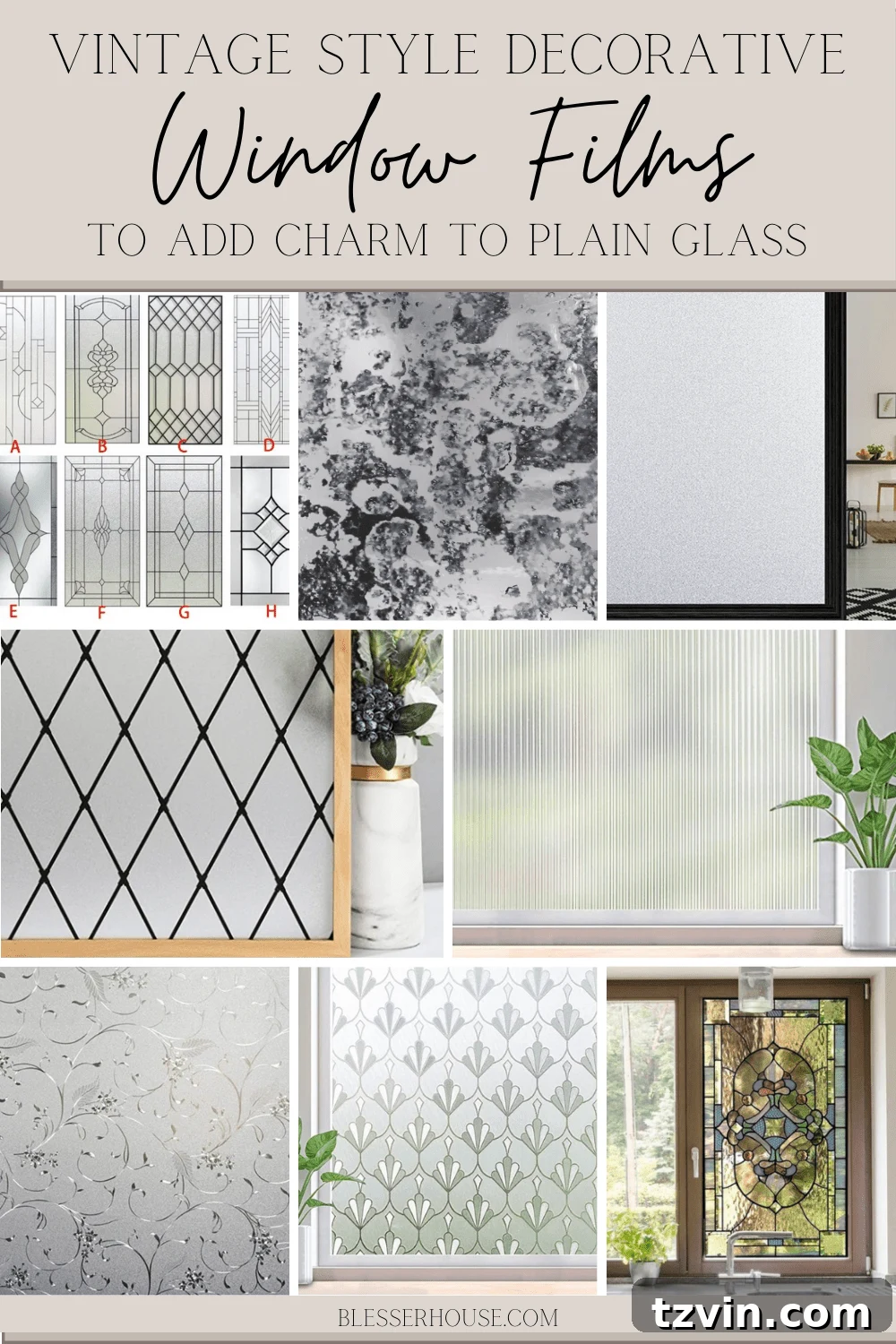 Elevate Your Home Decor with Affordable Window Film 16 collage - vintage style decorative window films to add charm to plain glass