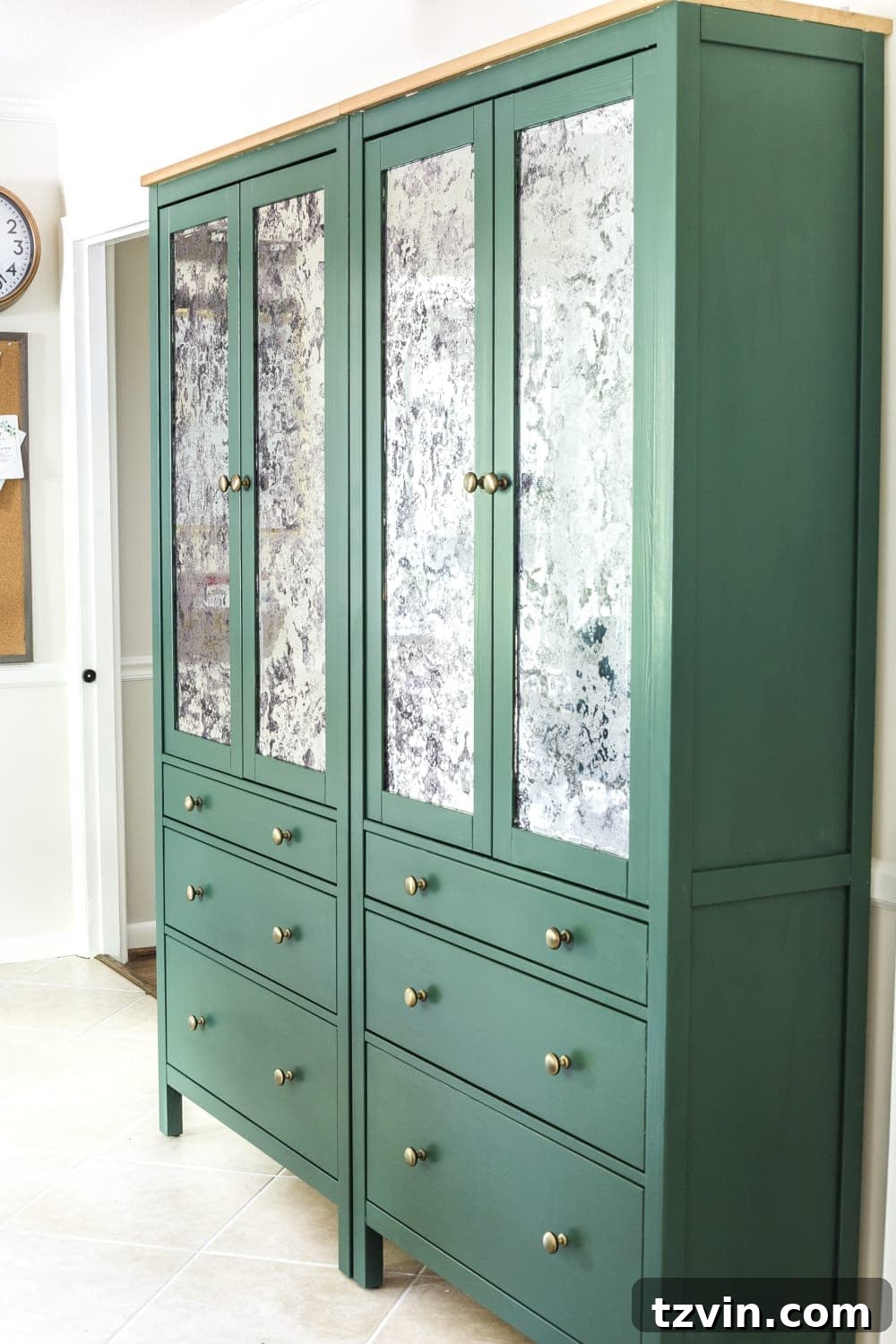 Elevate Your Home Decor with Affordable Window Film 8 IKEA pantry cabinets painted green with antique mirror glass film on cabinet doors