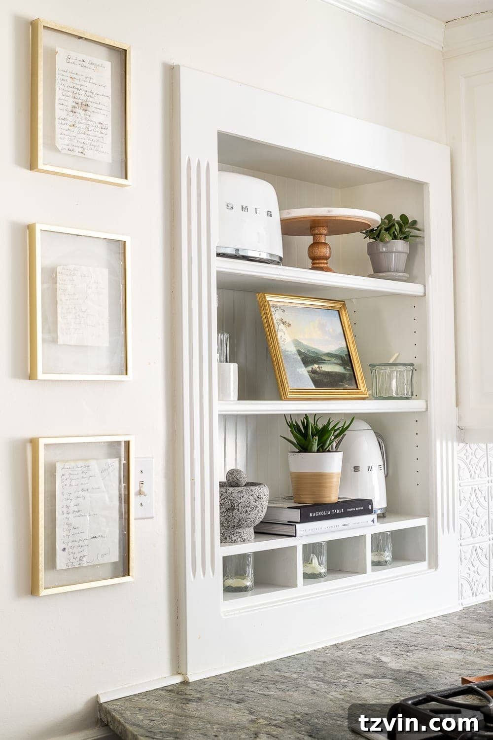 framed handwritten recipes hung on a kitchen wall