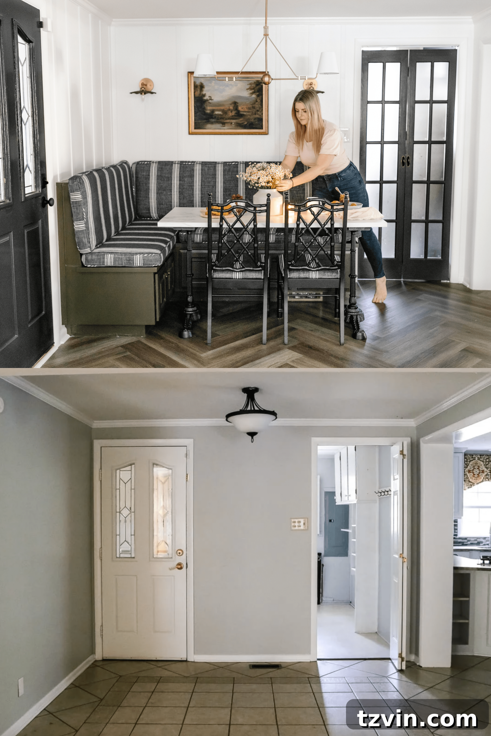 Kitchen and Nook Amazing Makeover 2 Corner breakfast nook and kitchen transformation before and after, showcasing the dramatic update facilitated by herringbone LVP flooring.