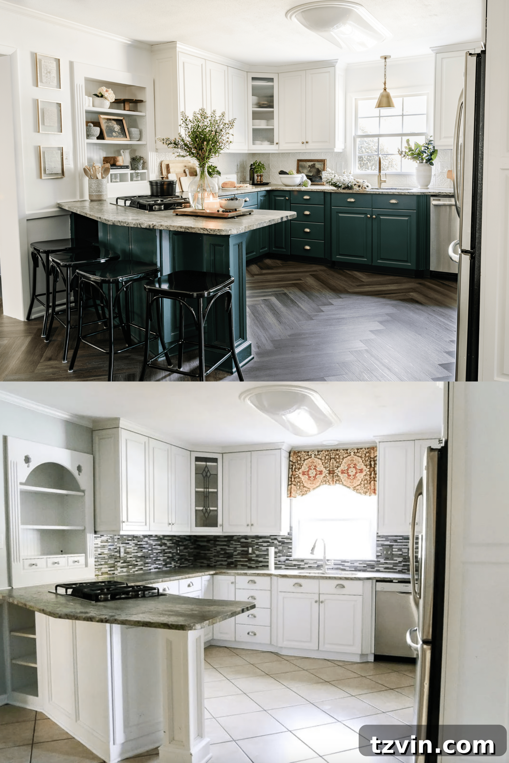 Kitchen and Nook Amazing Makeover 3 Kitchen transformation before and after, highlighting the significant upgrade brought by new herringbone LVP flooring and cosmetic changes.