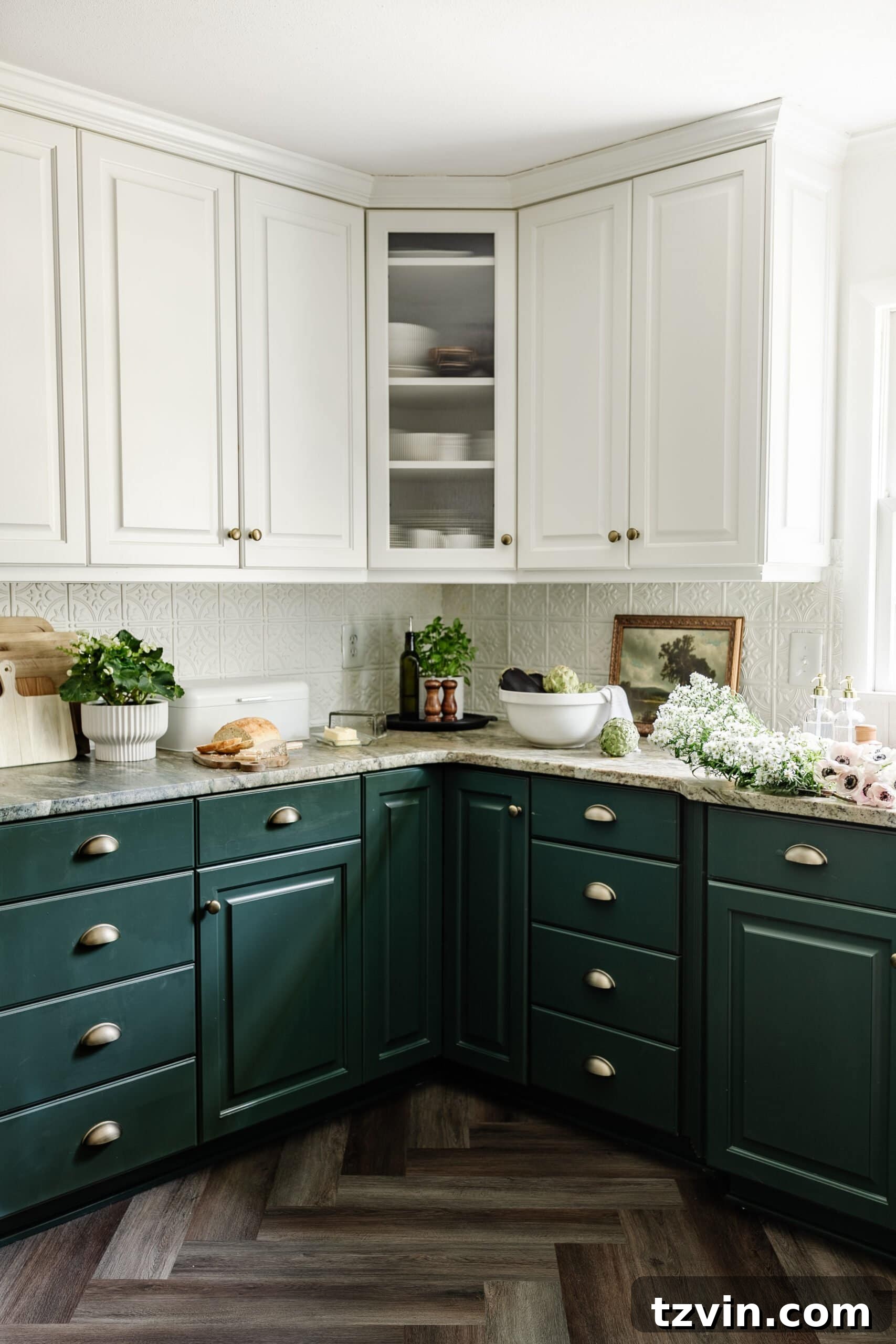Kitchen and Nook Amazing Makeover 25 Stylishly adorned corner kitchen cabinets, showcasing elegant countertop decor, adding personality and charm to the space.