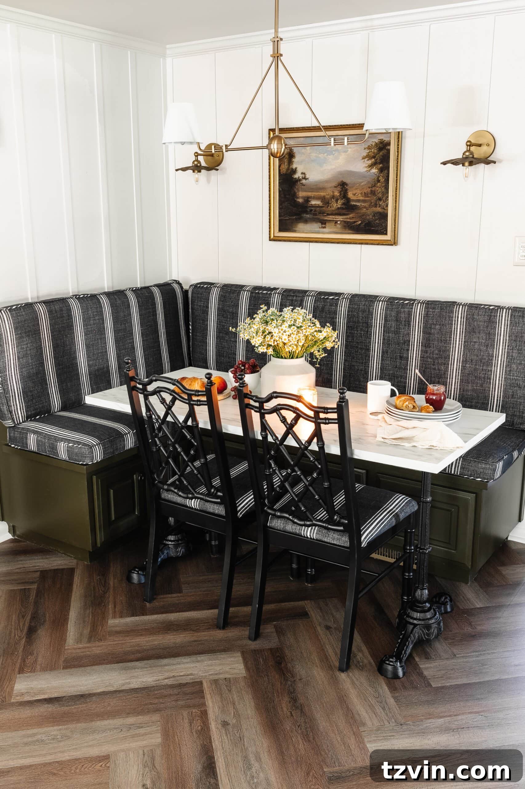 Kitchen and Nook Amazing Makeover 9 Detailed view of the herringbone LVP flooring from ProCore Floors, highlighting its rich texture and intricate pattern.