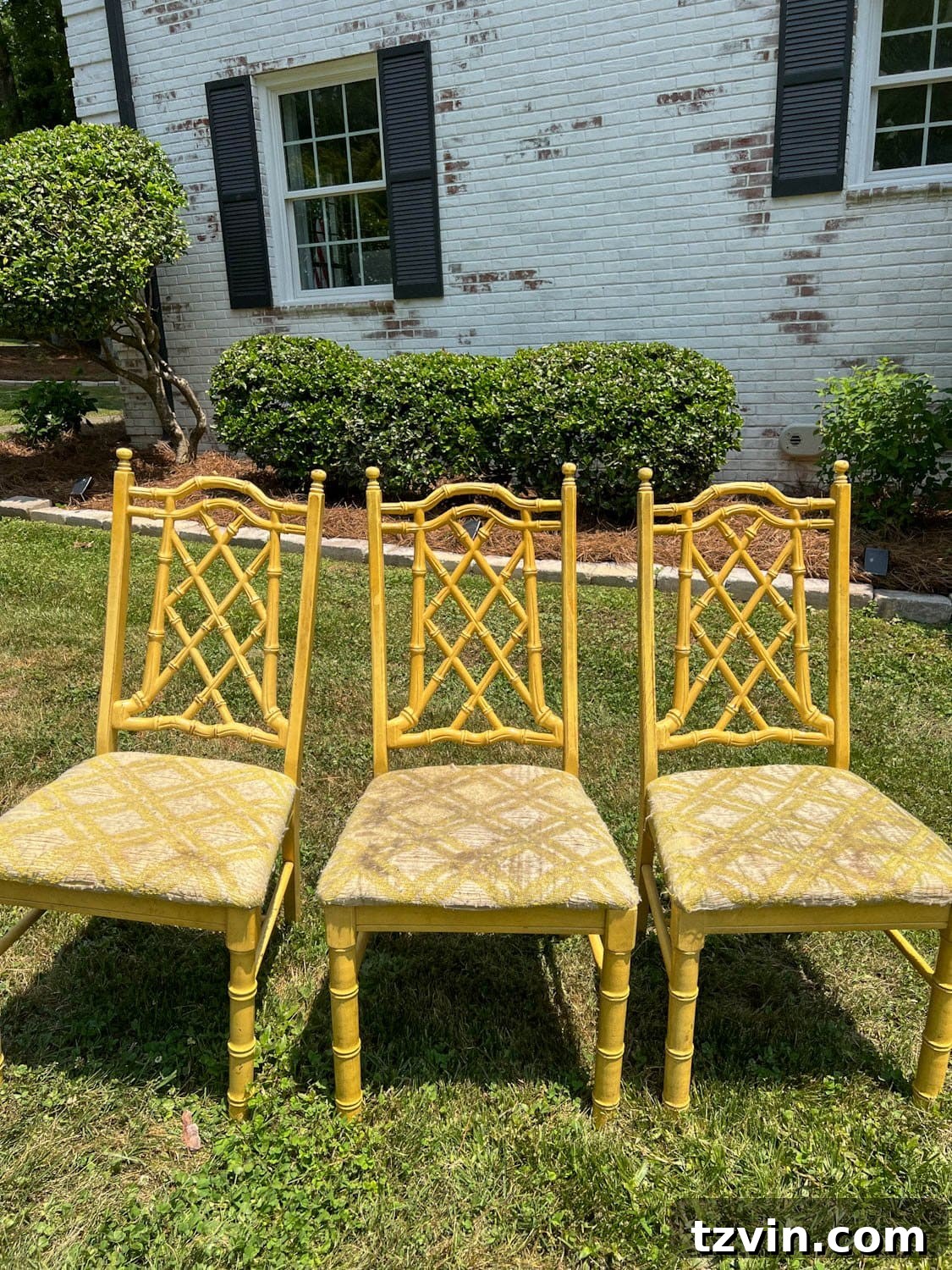 Revitalize Your Dining Chairs Seat Reupholstery and Faux Bamboo Transformation 3 dining chairs before