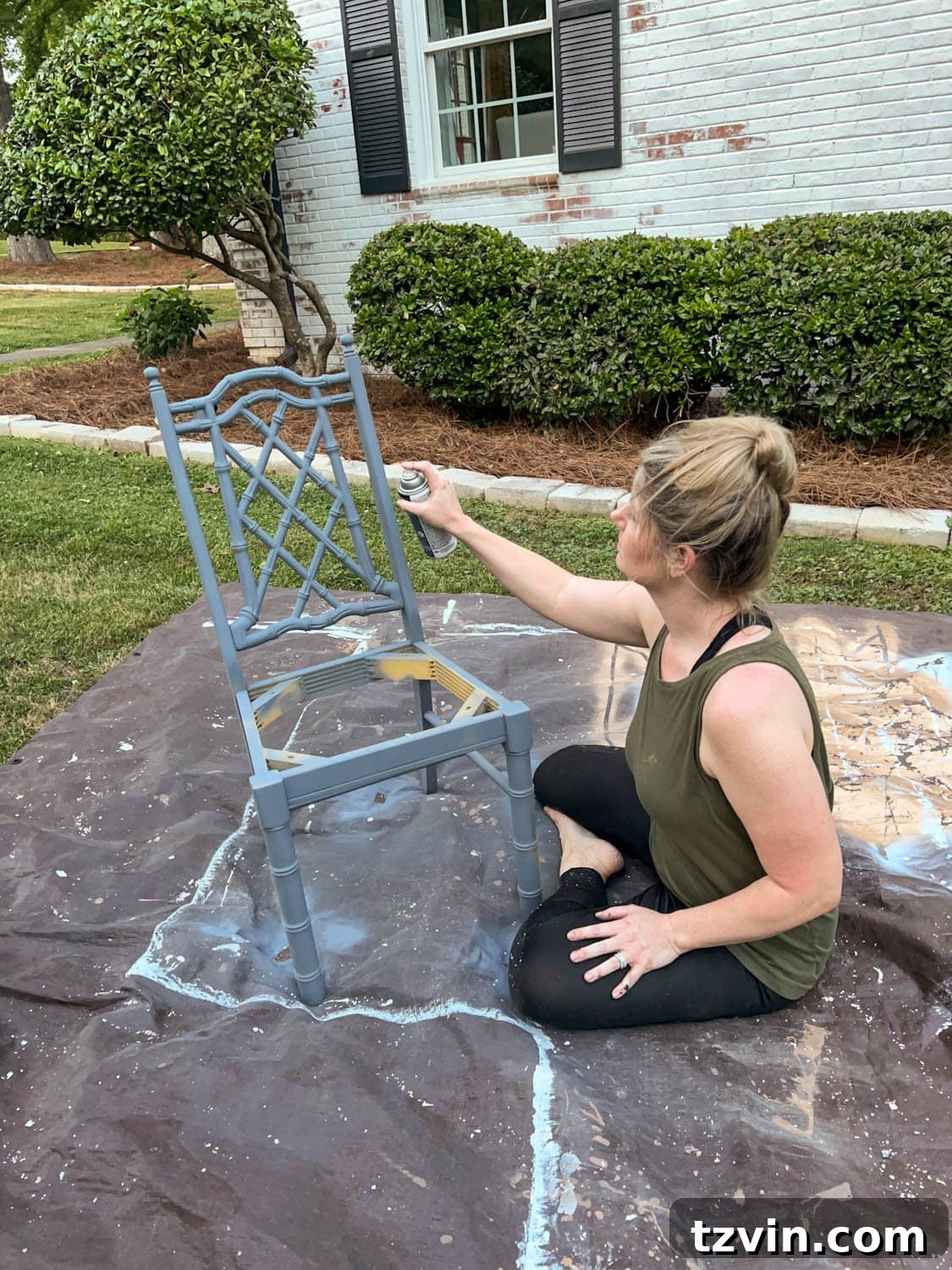 Revitalize Your Dining Chairs Seat Reupholstery and Faux Bamboo Transformation 9 spray priming a bamboo chair