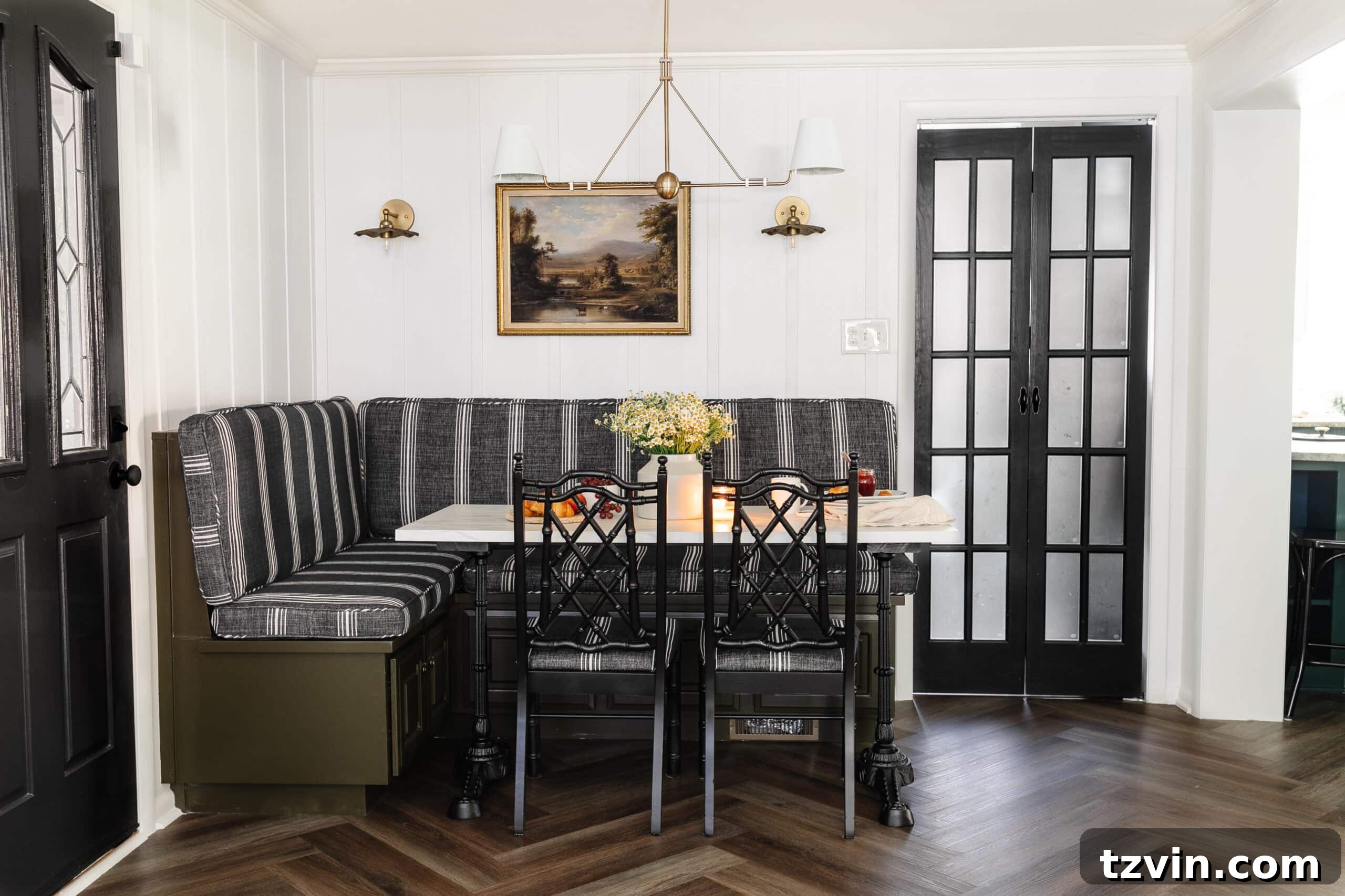 Chic Parisian Morning Retreat 3 Dramatic before and after transformation of a breakfast nook into a stylish Parisian bistro