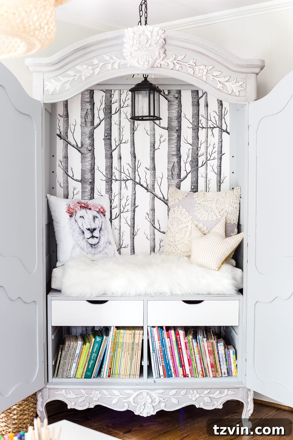 A magical Narnia wardrobe reading nook crafted from a thrifted armoire, featuring whimsical forest wallpaper, a charming lantern light, and a cozy lion throw pillow, creating an enchanting hideaway.