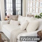Seasonal Pillows: Beyond Autumn 11 Neutral throw pillows on a sofa in a living room with fall decor
