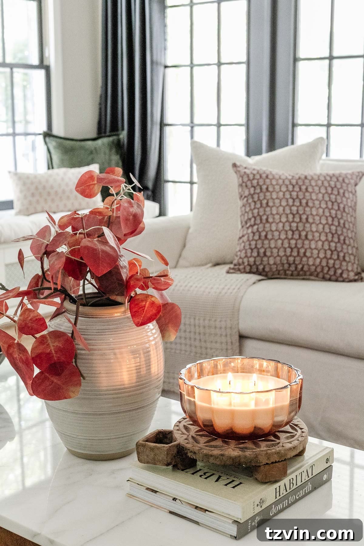 Seasonal Pillows: Beyond Autumn 7 Fall decor on a coffee table with cozy throw pillows behind