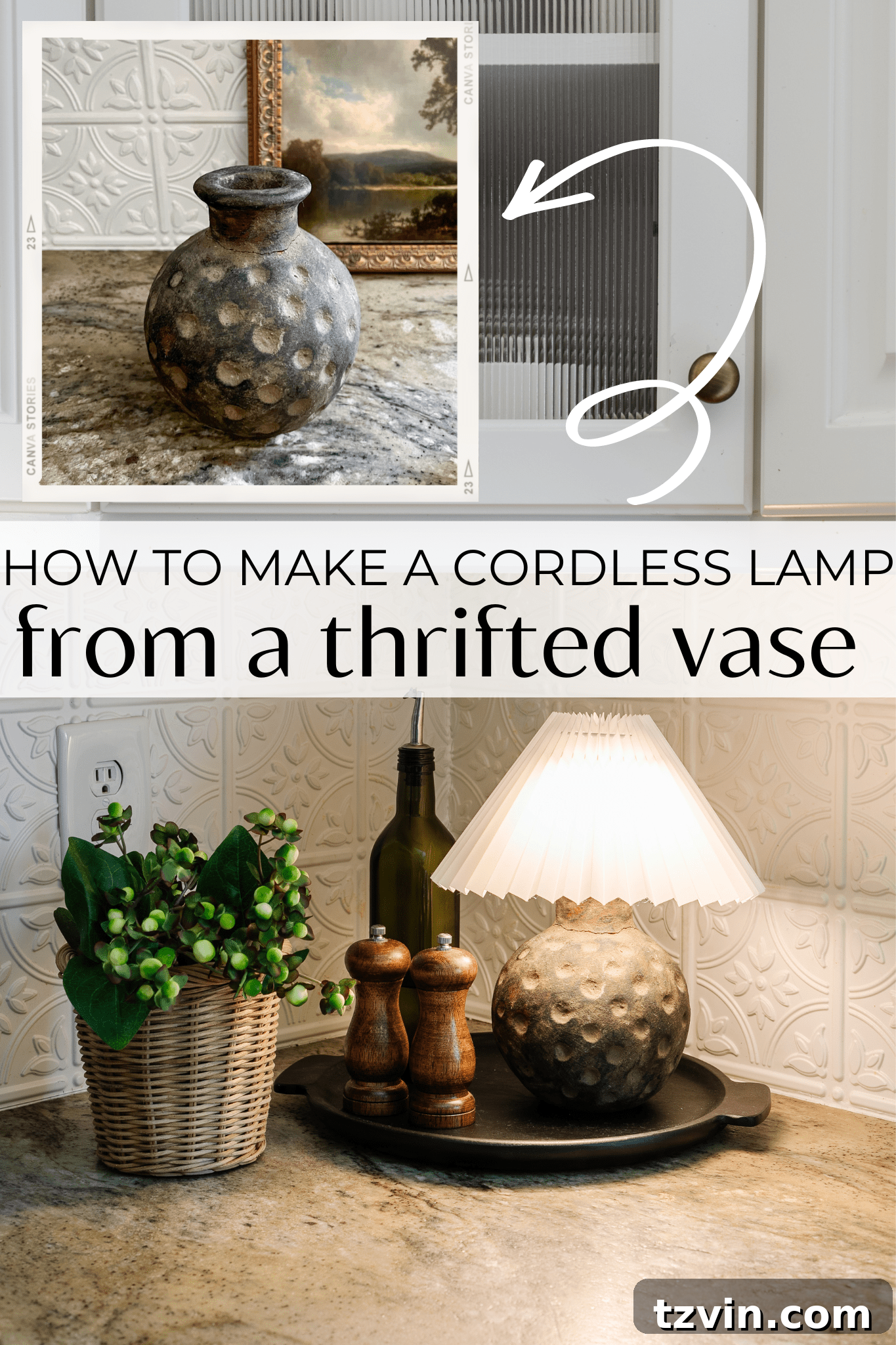 A beautifully designed cordless DIY mini lamp made from a thrifted vase, adding warm ambiance to a modern kitchen.