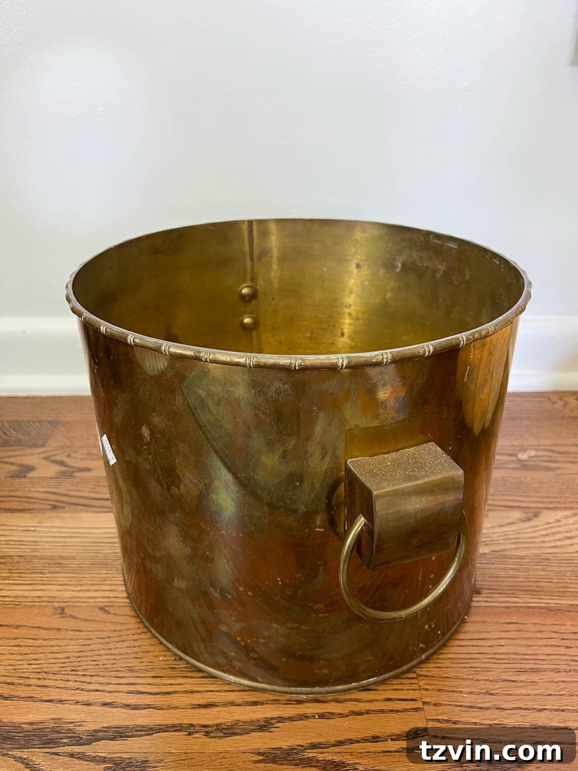 The Art of Creating Realistic Faux Trees 4 Thrifted vintage brass planter with a beautiful, aged patina, showcasing its suitability for a faux tree