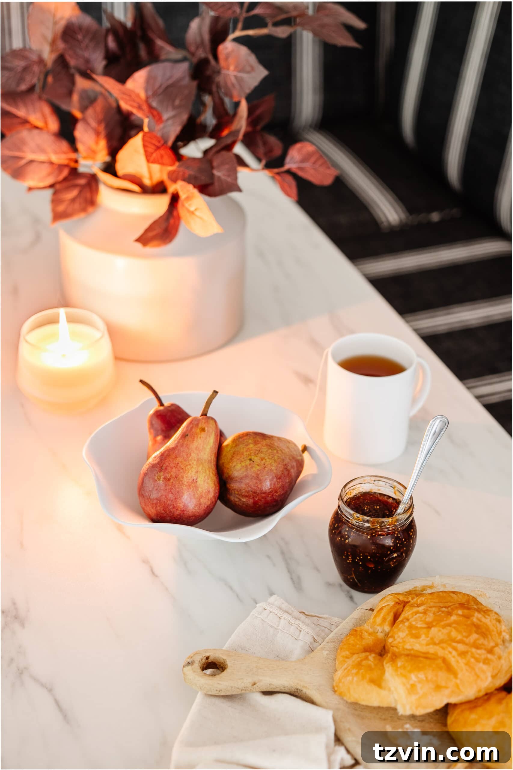 Thrift Flip: Scalloped Bowl Makeover with White Paint 4 white ruffled bowl on a dining table with pears and vase of fall branches