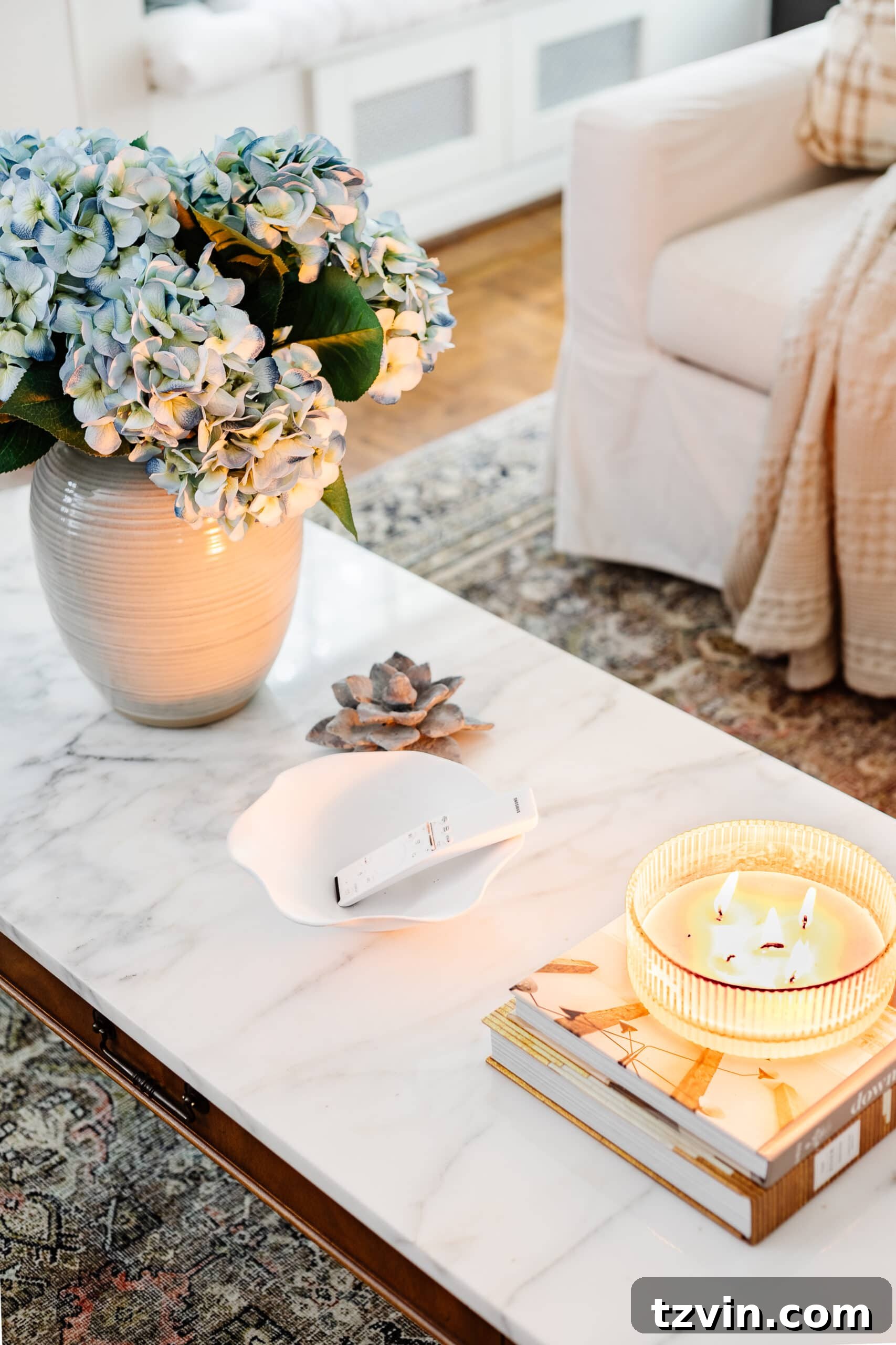 Thrift Flip: Scalloped Bowl Makeover with White Paint 5 decorative bowl on a coffee table for holding TV remote
