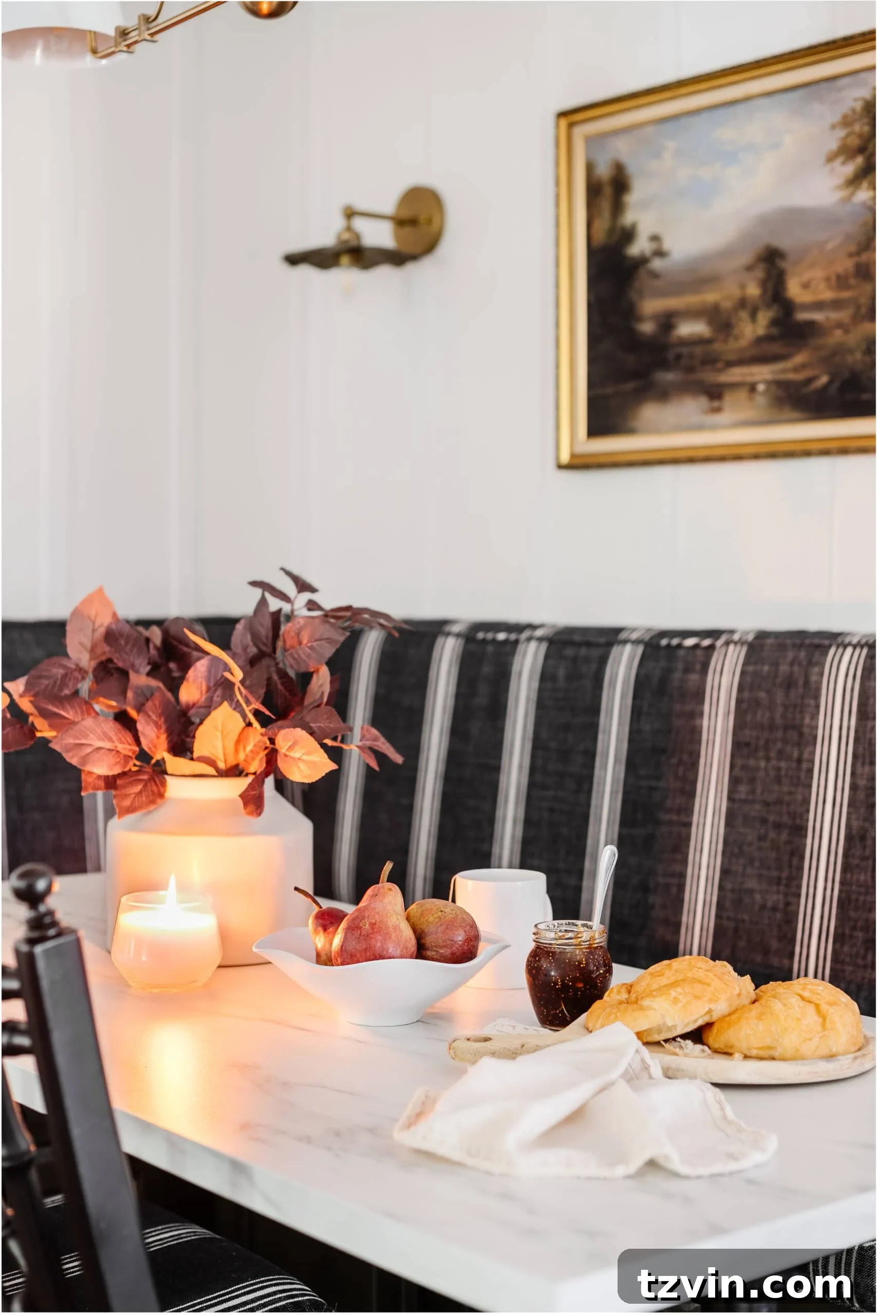 Thrift Flip: Scalloped Bowl Makeover with White Paint 8 scalloped fruit bowl of pears on a dining room table decorated for fall