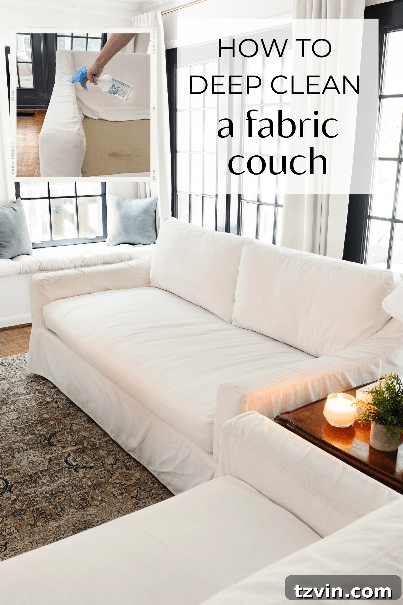 A comprehensive guide on how to clean a fabric couch in 7 steps, featuring a DIY cleaning solution for bright, fresh upholstery.
