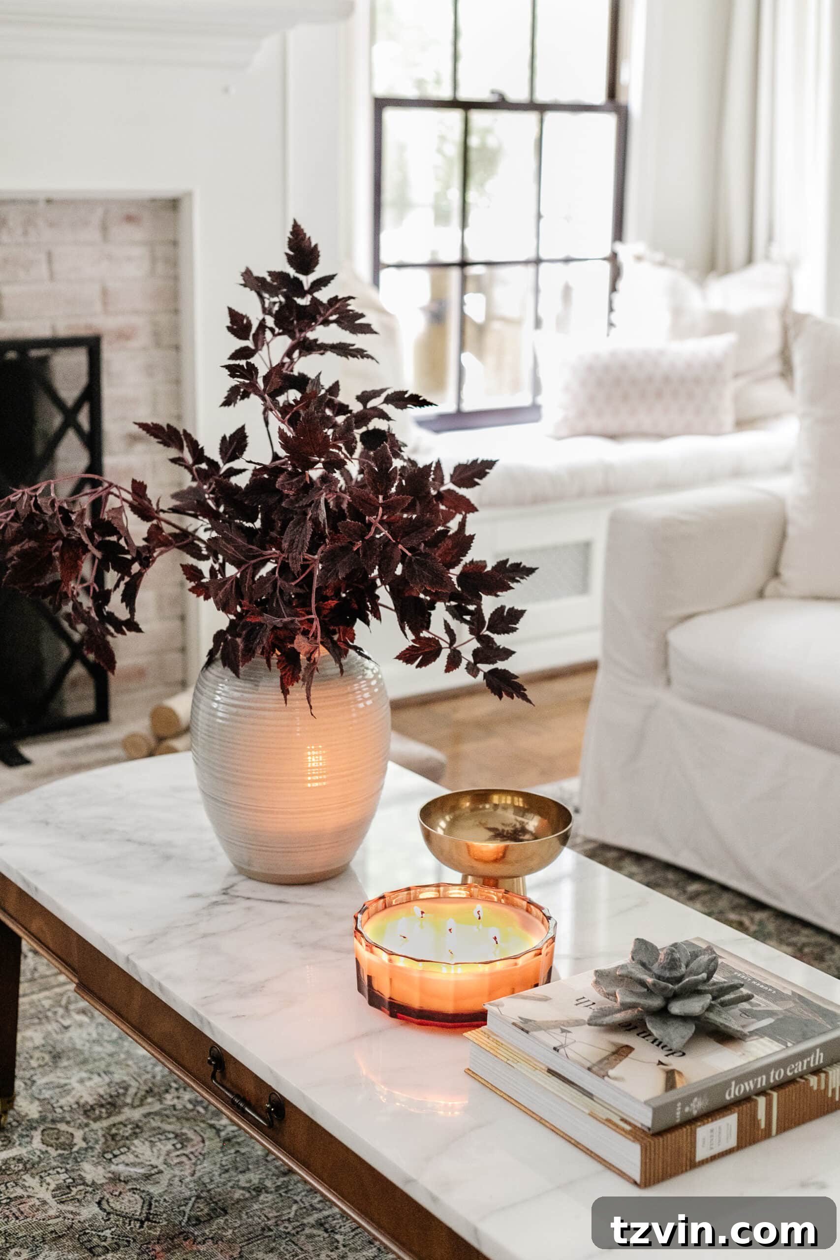 Effortless Autumn Living Room Decor for Less 15 Fall decor on a coffee table with vase of fall branches, candle, brass bowl, and books