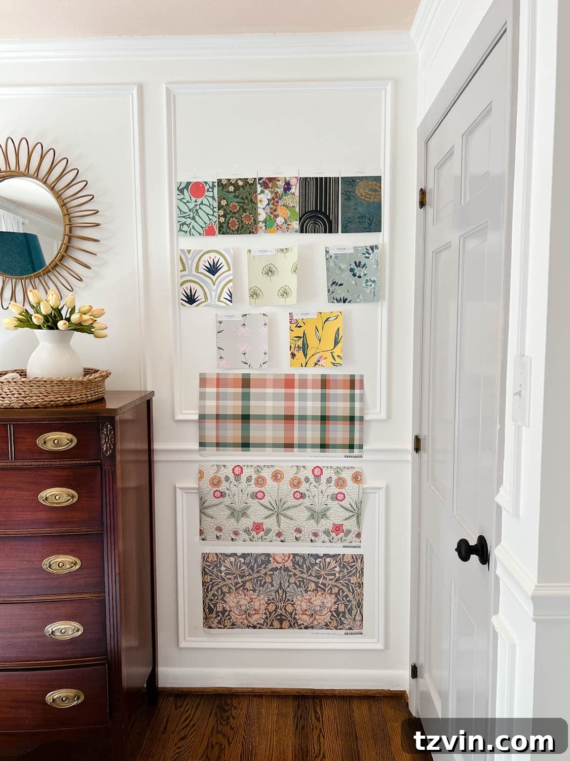 Retro Wallpaper Magic for Teen Hangouts and Kids Play Paradises 5 An array of vintage style wallpaper swatches displayed artfully on a bedroom wall, showcasing various patterns and textures.