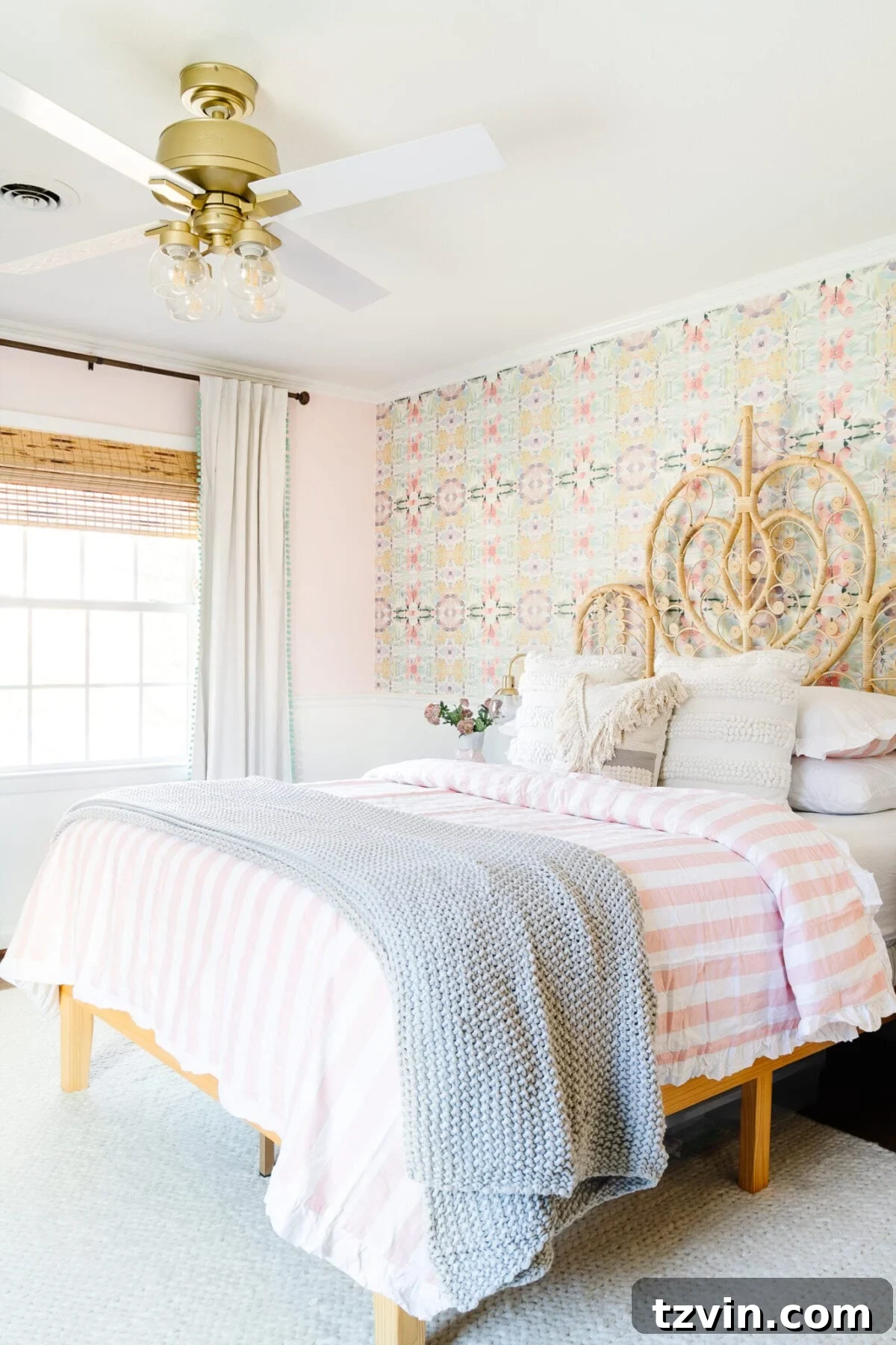 Retro Wallpaper Magic for Teen Hangouts and Kids Play Paradises 8 Stylish wallpaper decorates the wall behind a rattan bed in a chic pre-teen bedroom, creating a cozy and inviting atmosphere.