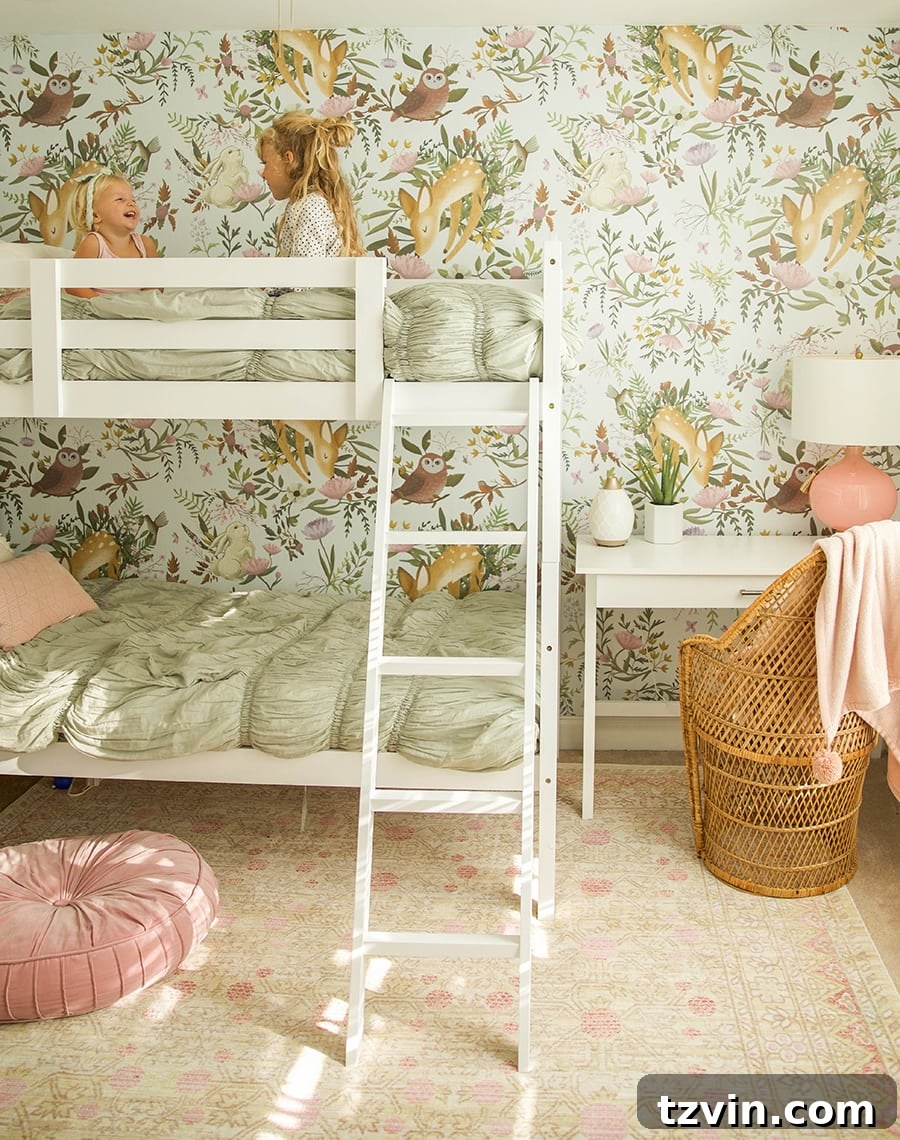 Ingenious Bunk Bed Designs for Compact Living 12 woodland wallpaper in girls shared bedroom