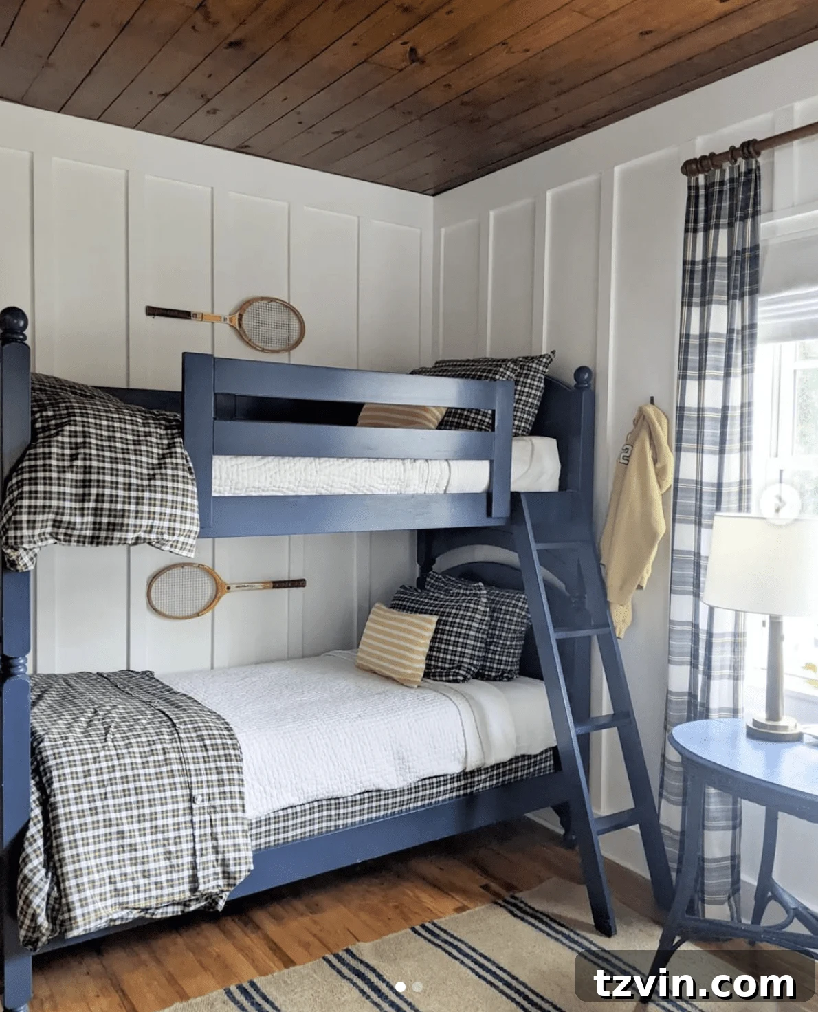 Ingenious Bunk Bed Designs for Compact Living 9 rustic boys shared bedroom with wood ceiling, board and batten walls, and plaid fabrics