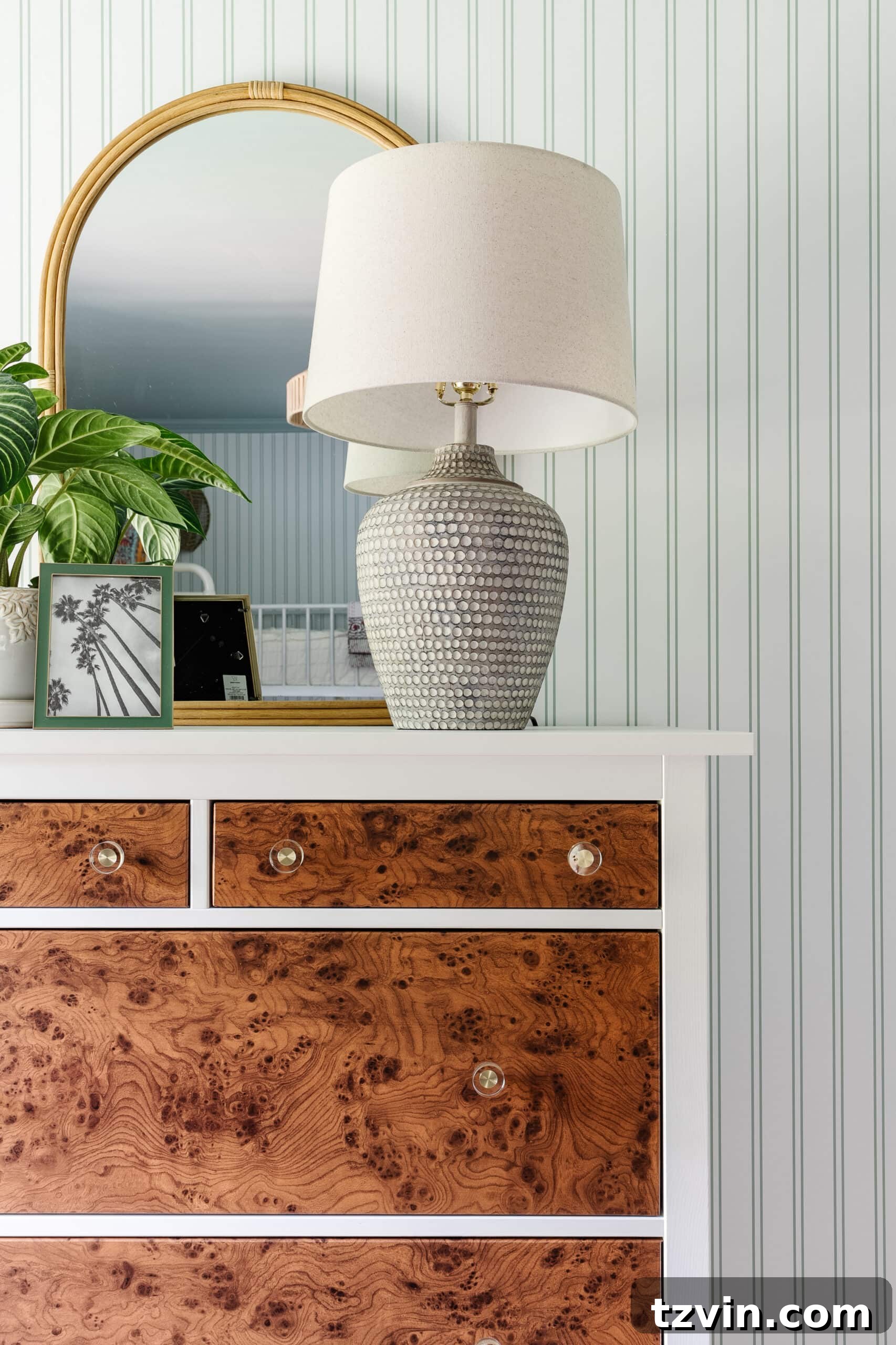DIY white and burl wood dresser made with contact paper and an IKEA hack