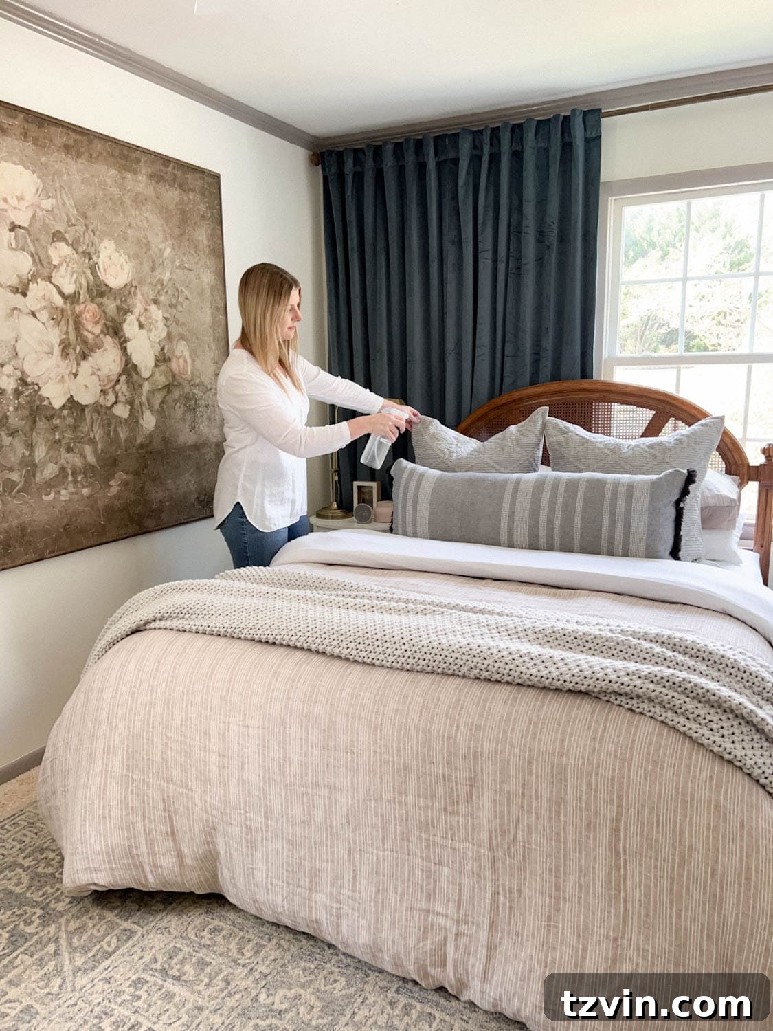 spritzing DIY linen spray on bedding in a bedroom