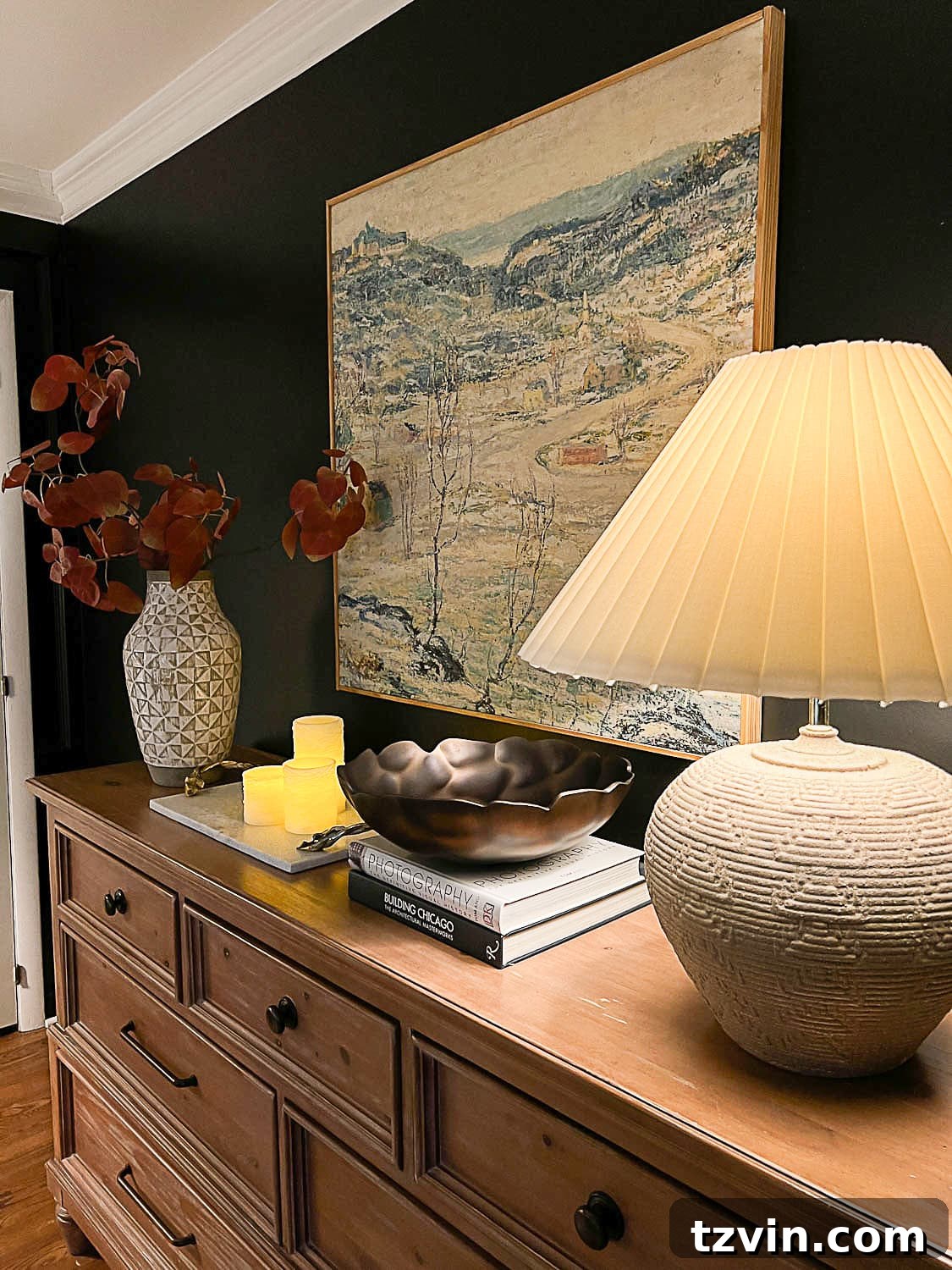 10 Budget-Friendly Ways to Create a Cozy Sleep Haven 11 fall branches in vase, flameless candles, and table lamp dresser decor