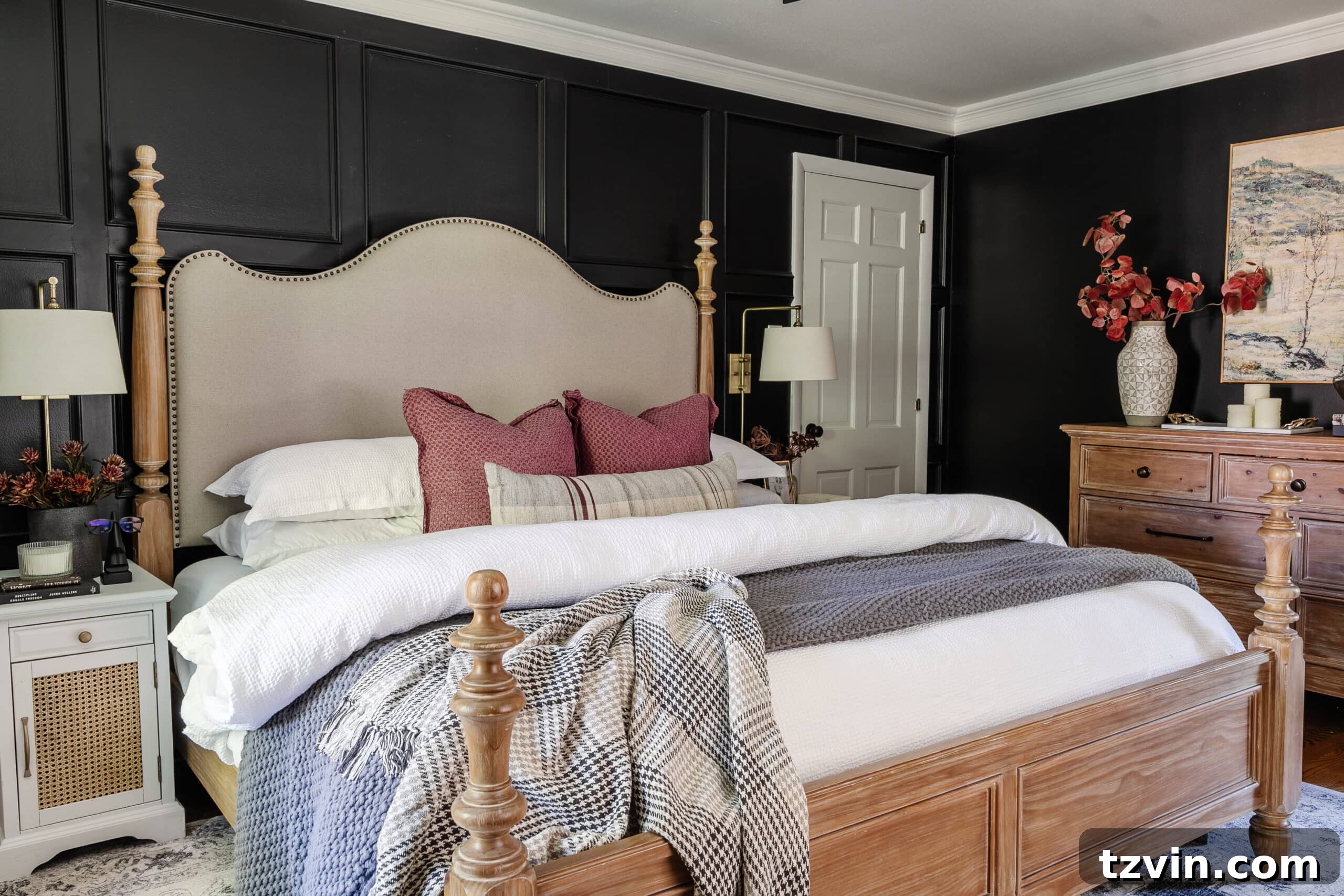 10 Budget-Friendly Ways to Create a Cozy Sleep Haven 3 bedroom with black walls, wooden bed and dresser, and comfy bedding