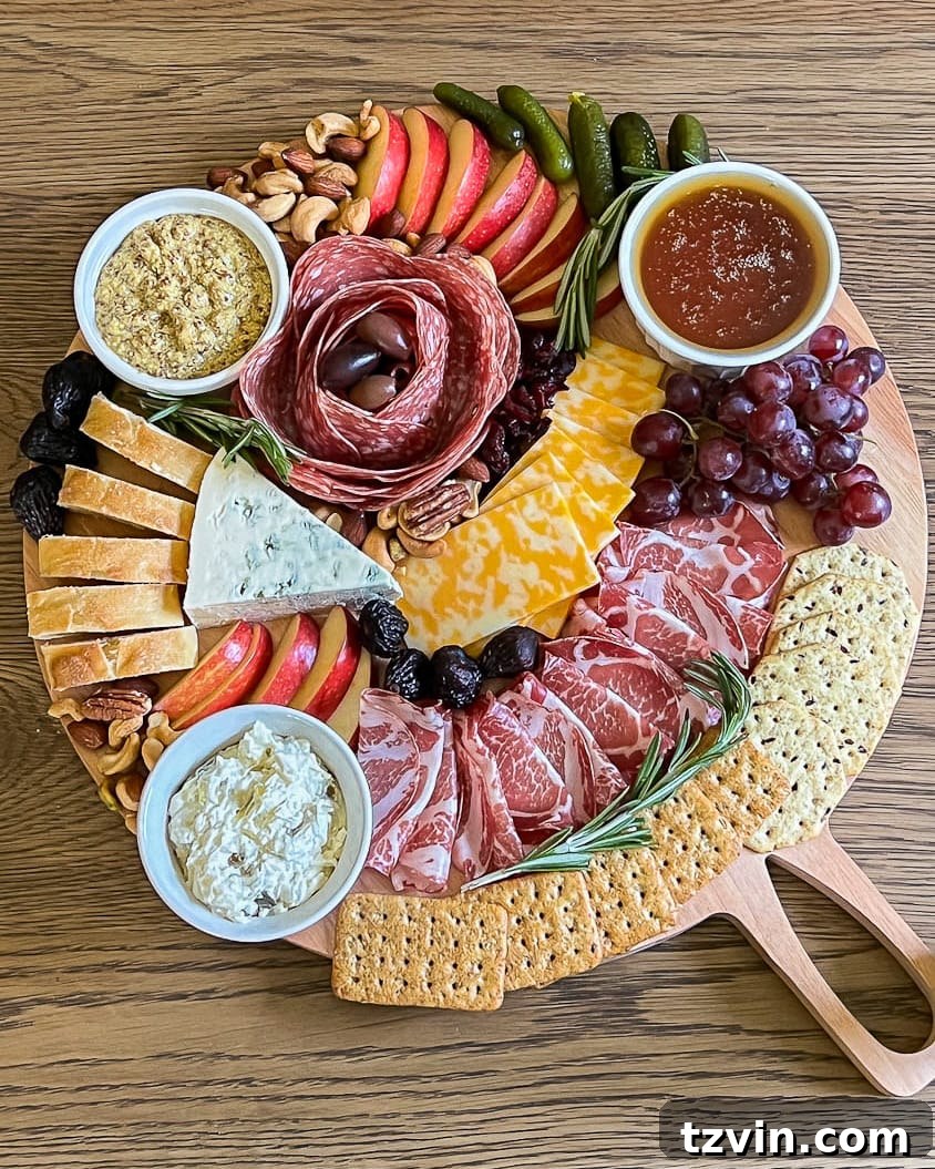 10-Minute Charcuterie Board Hack 9 A fully assembled easy DIY charcuterie board, abundant with meats, cheeses, fruits, nuts, and dips, ready to be served.