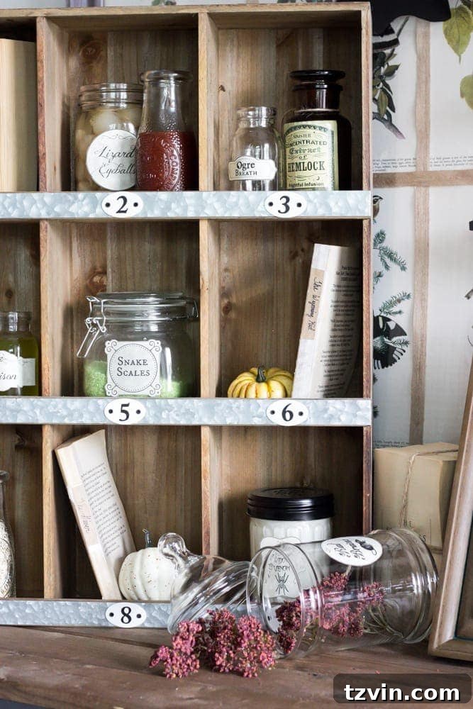Hauntingly Chic: 30 Vintage Halloween Decor Must-Haves 4 glass jars and bottles with vintage halloween potion labels and kitchen ingredients
