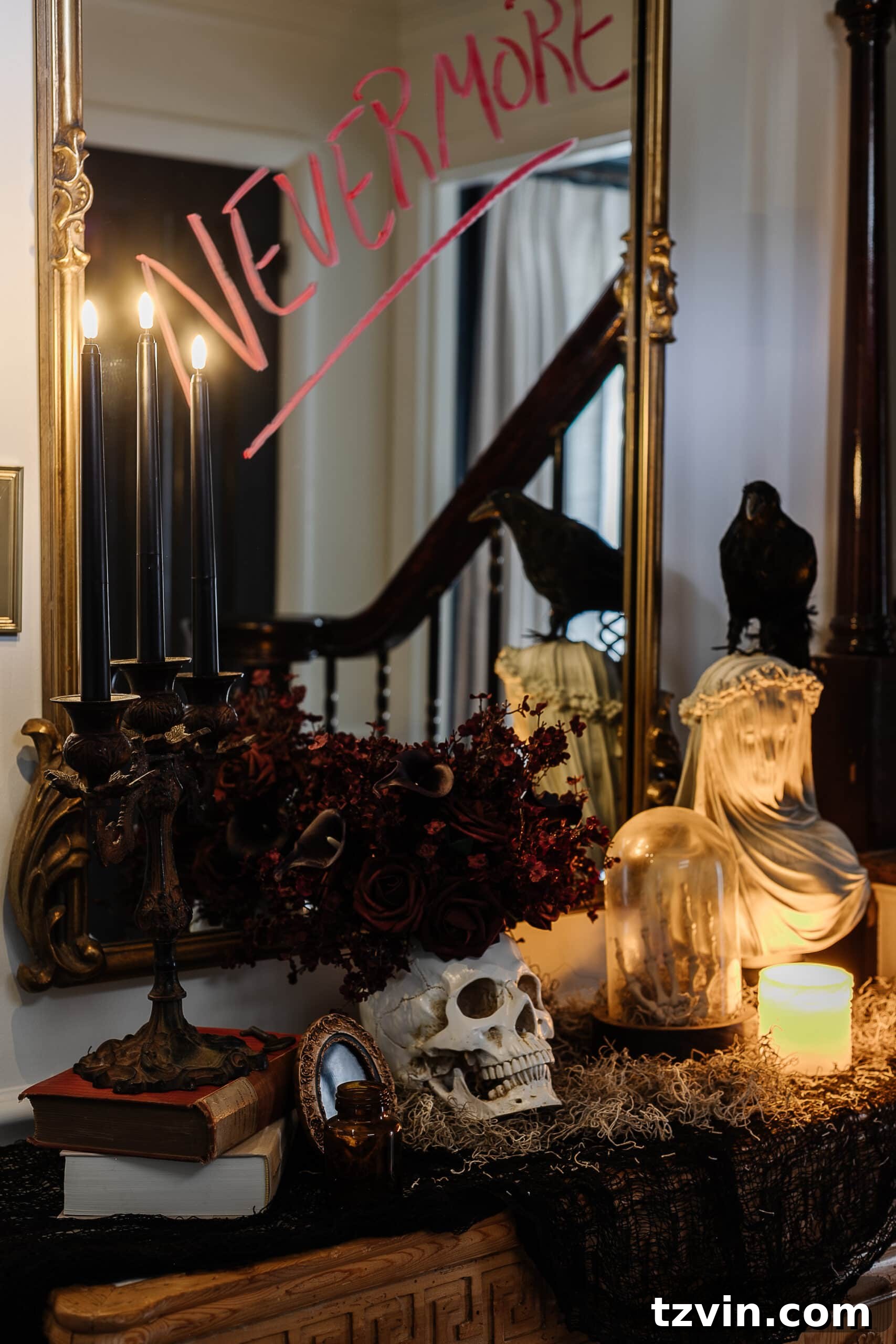 DIY Foyer Frights: Haunted Halloween Welcome 13 haunted house halloween decor on entryway table