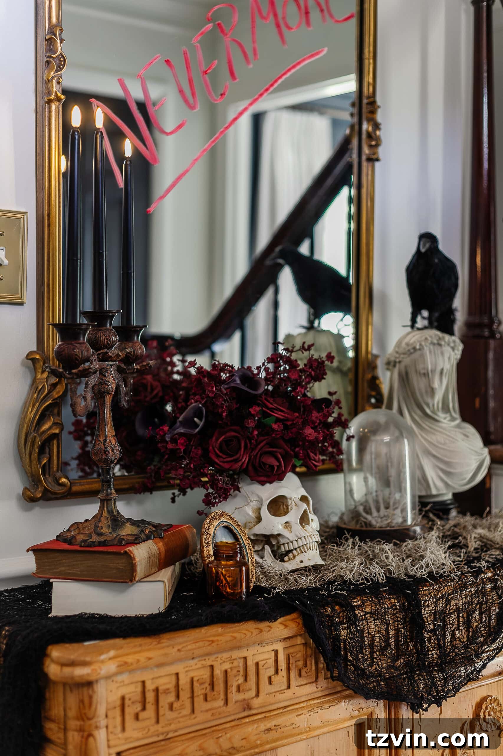DIY Foyer Frights: Haunted Halloween Welcome 4 entryway table styled with DIY haunted house Halloween decor