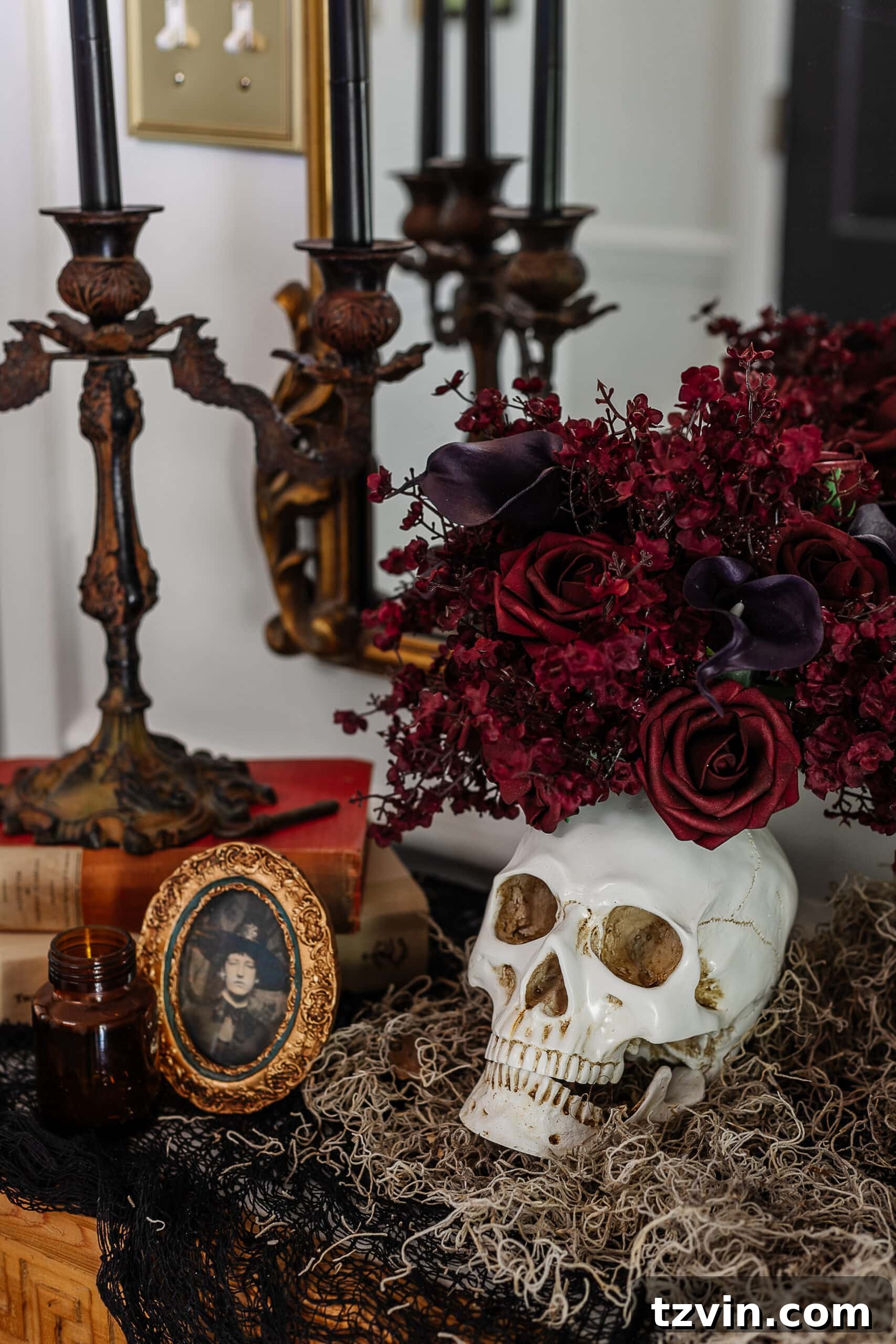 DIY Foyer Frights: Haunted Halloween Welcome 6 DIY skull vase, Halloween portrait, and vintage Halloween decor