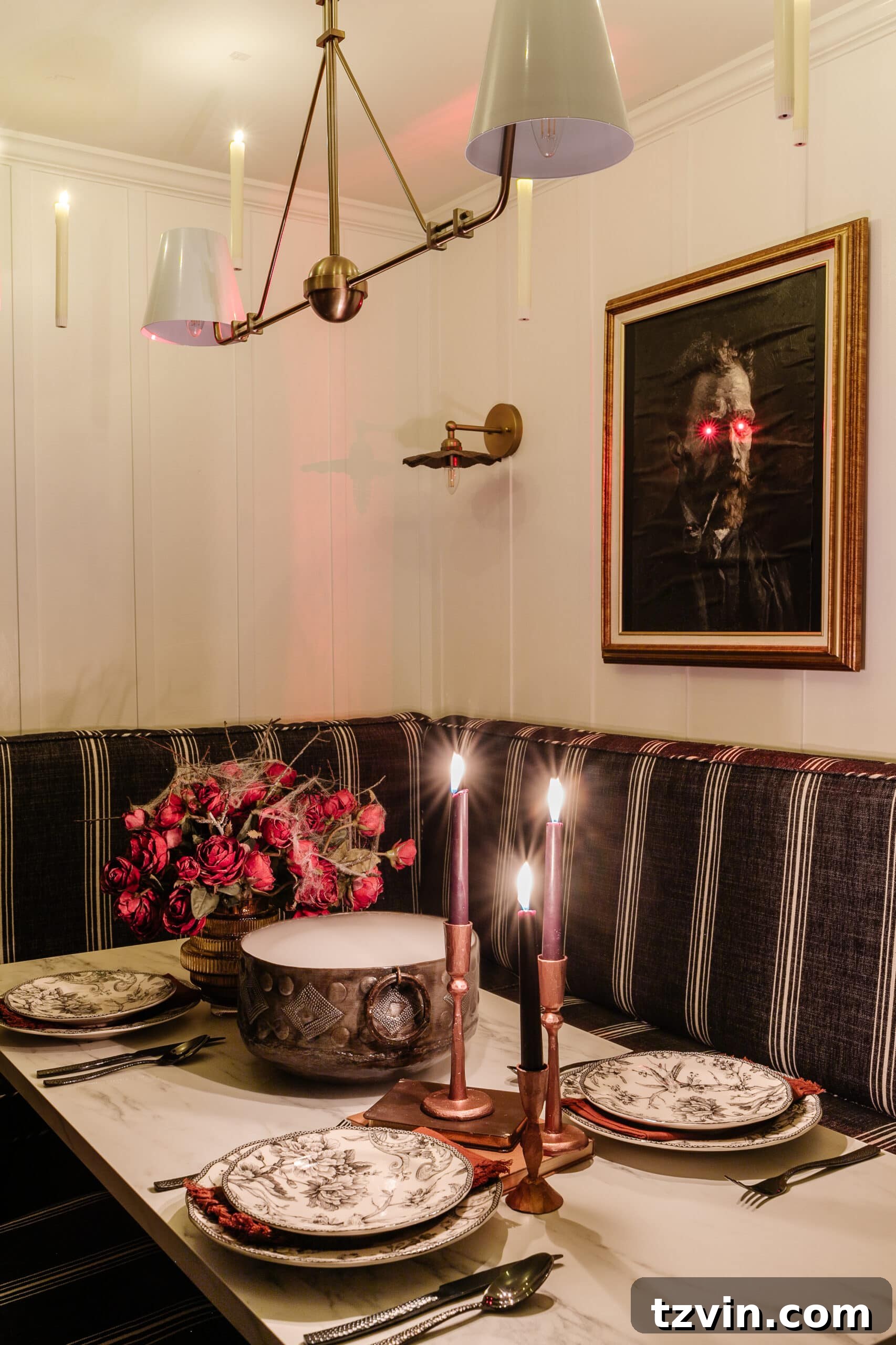 Killer Tablescapes: Spooky Settings for Your Murder Mystery Party 6 Spooky dinner party table illuminated at night, showcasing an eerie yet elegant ambiance
