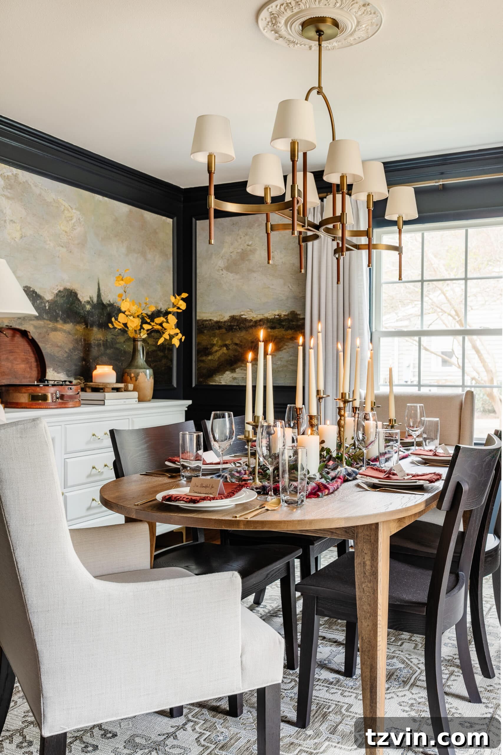 navy blue dining room with Thanksgiving decor