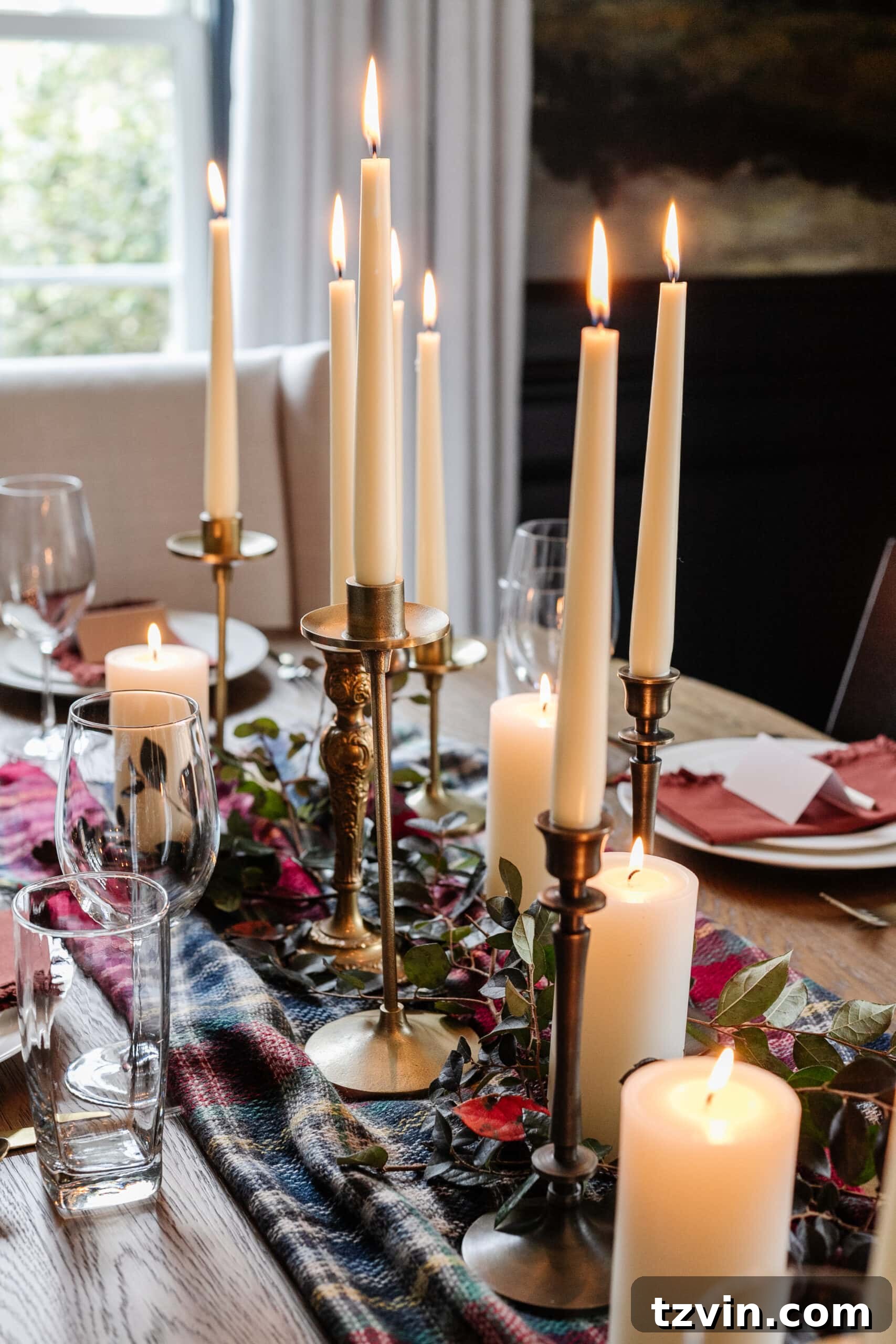 thrifted candlesticks as a cheap Thanksgiving centerpiece