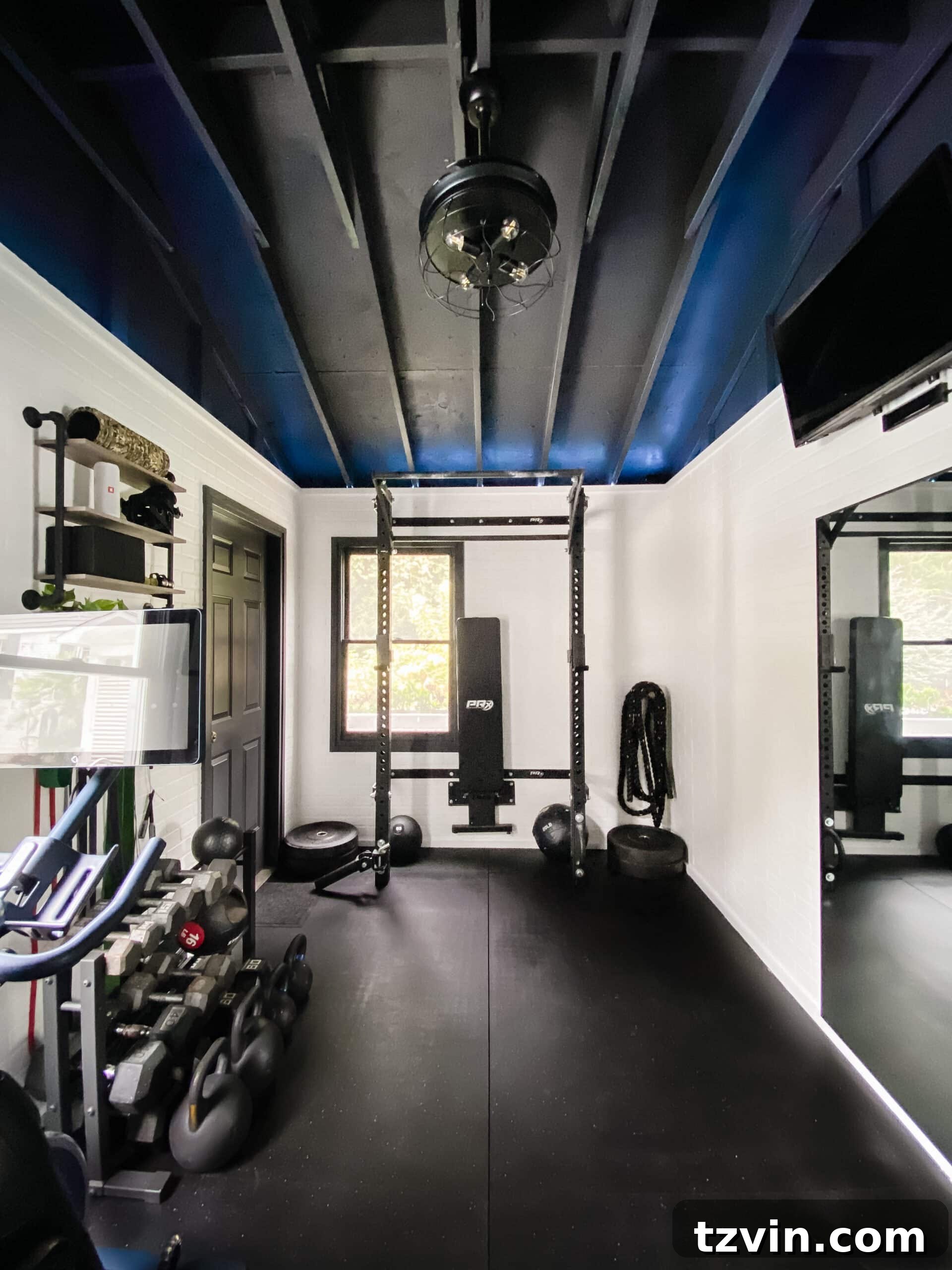 A fully equipped home gym shed in a backyard, showcasing a dedicated space for fitness equipment.