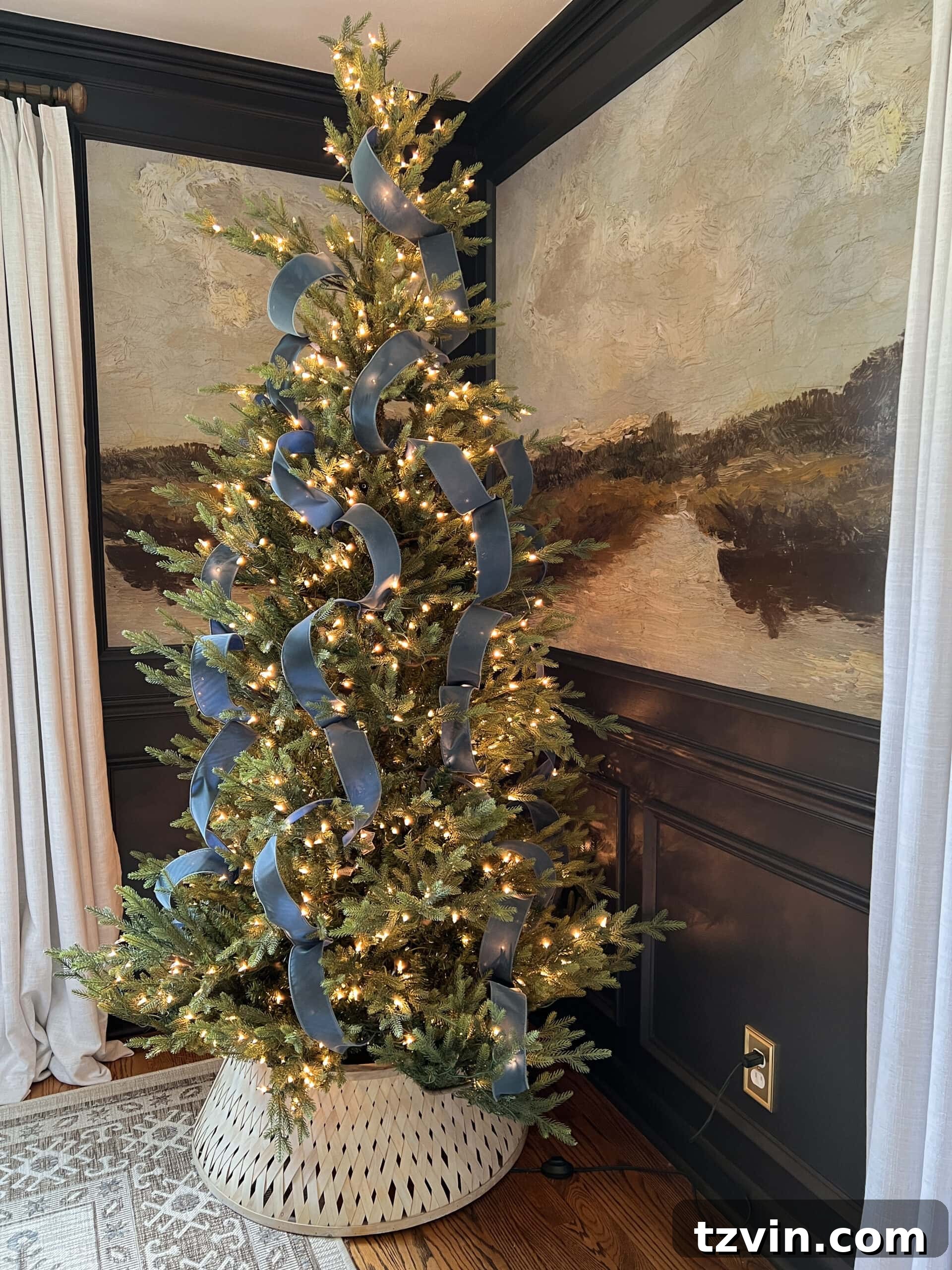 waterfall ribbon Christmas tree in antique blue