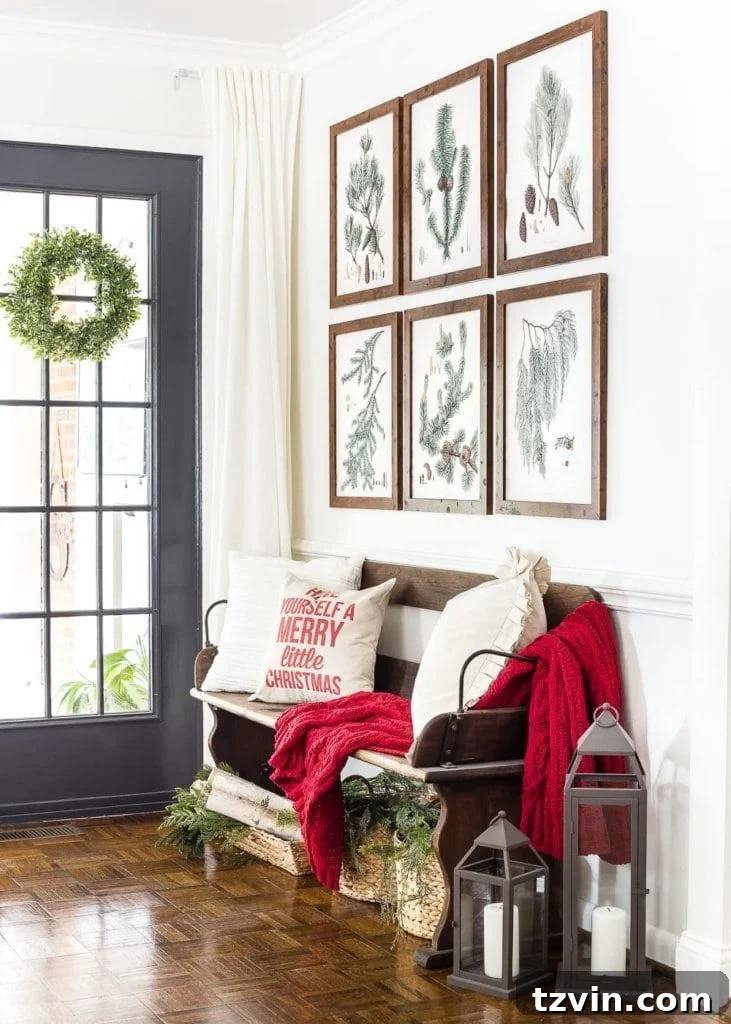 A beautiful Christmas printable set of winter botanical art arranged in an elegant gallery wall