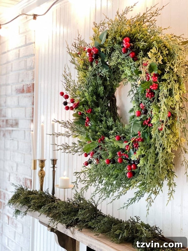 Charming Christmas wreath serving as elegant wall decor above a fireplace mantel