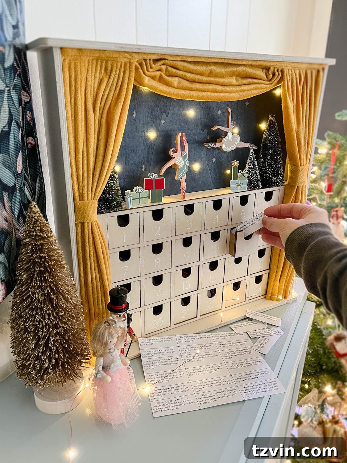 Printable Advent Journey: A Christmas Story Scripture Countdown 2 Ballet-themed Advent calendar with a stack of Advent scripture cards, symbolizing a cherished Christmas countdown tradition.