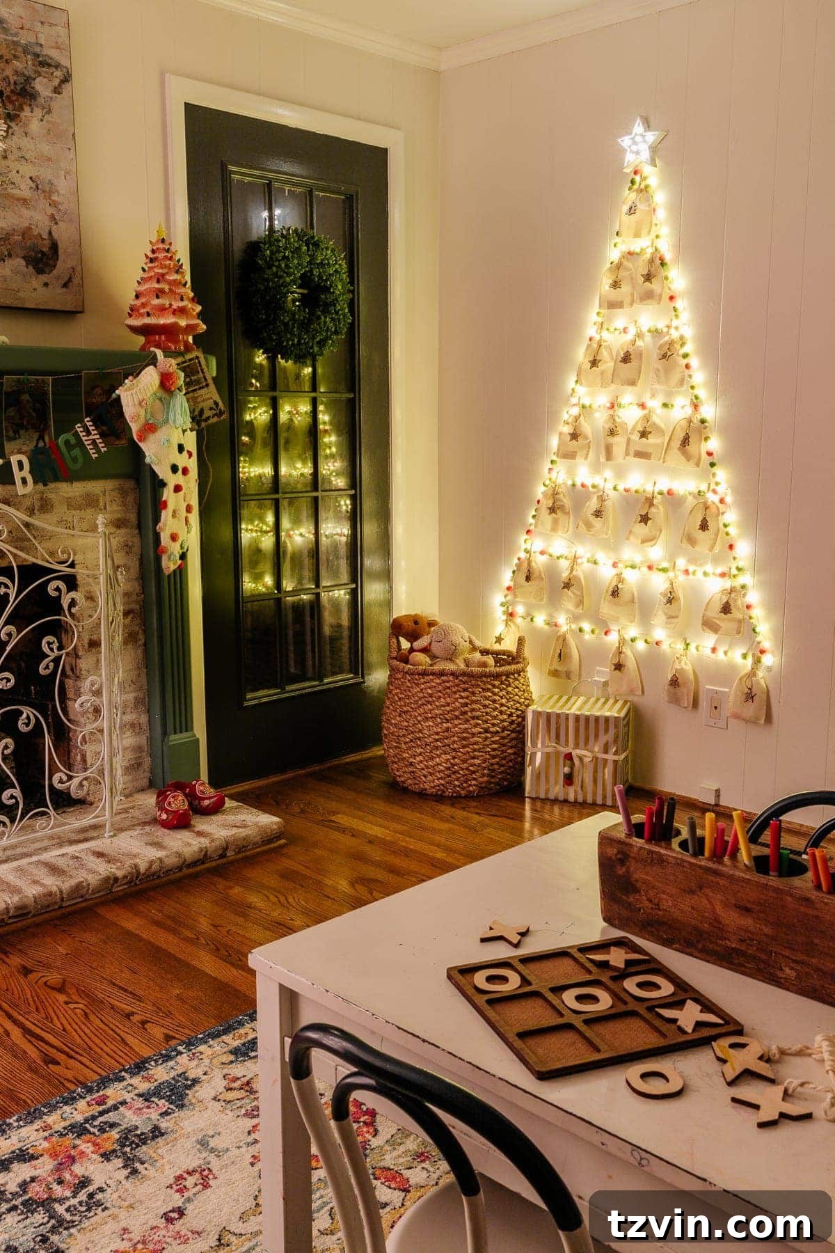 Printable Advent Journey: A Christmas Story Scripture Countdown 3 A glowing light-up wall Christmas tree Advent calendar adorned with small numbered gifts, creating a festive and magical ambiance.