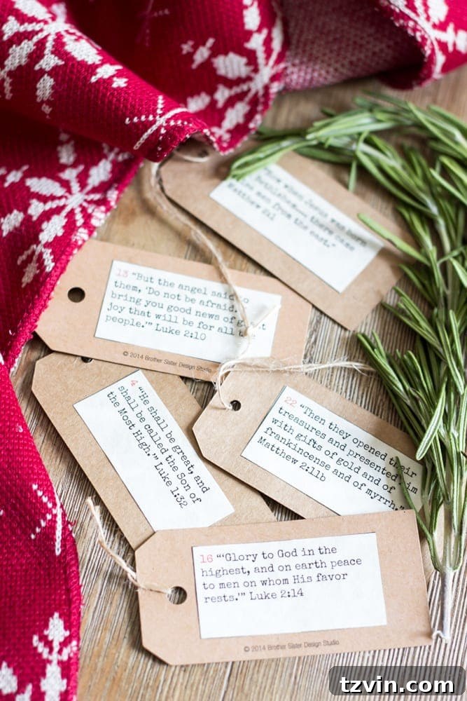 Printable Advent Journey: A Christmas Story Scripture Countdown 4 Close-up of Advent scriptures printed on decorative tags, ready to be placed inside an Advent calendar.