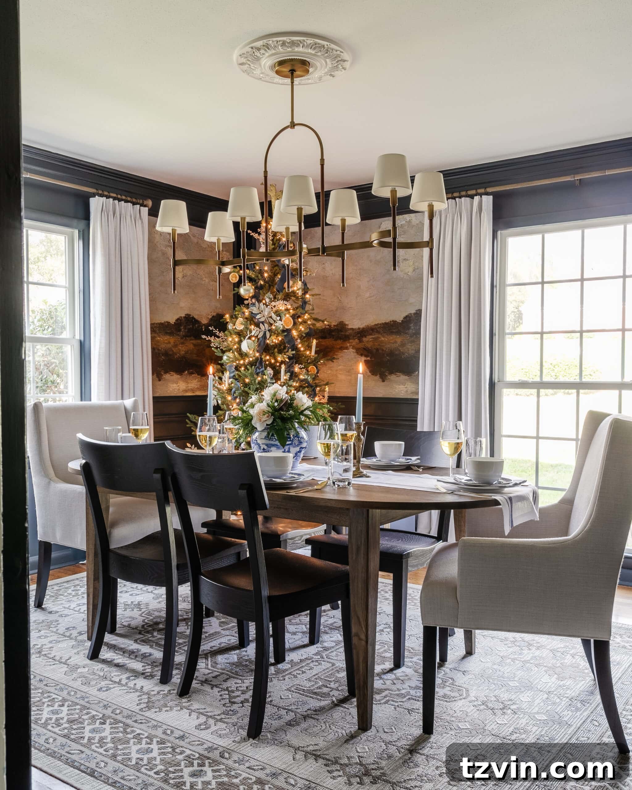 Festive Dining: White and Blue Christmas Inspiration 16 Dining room decorated for Christmas.