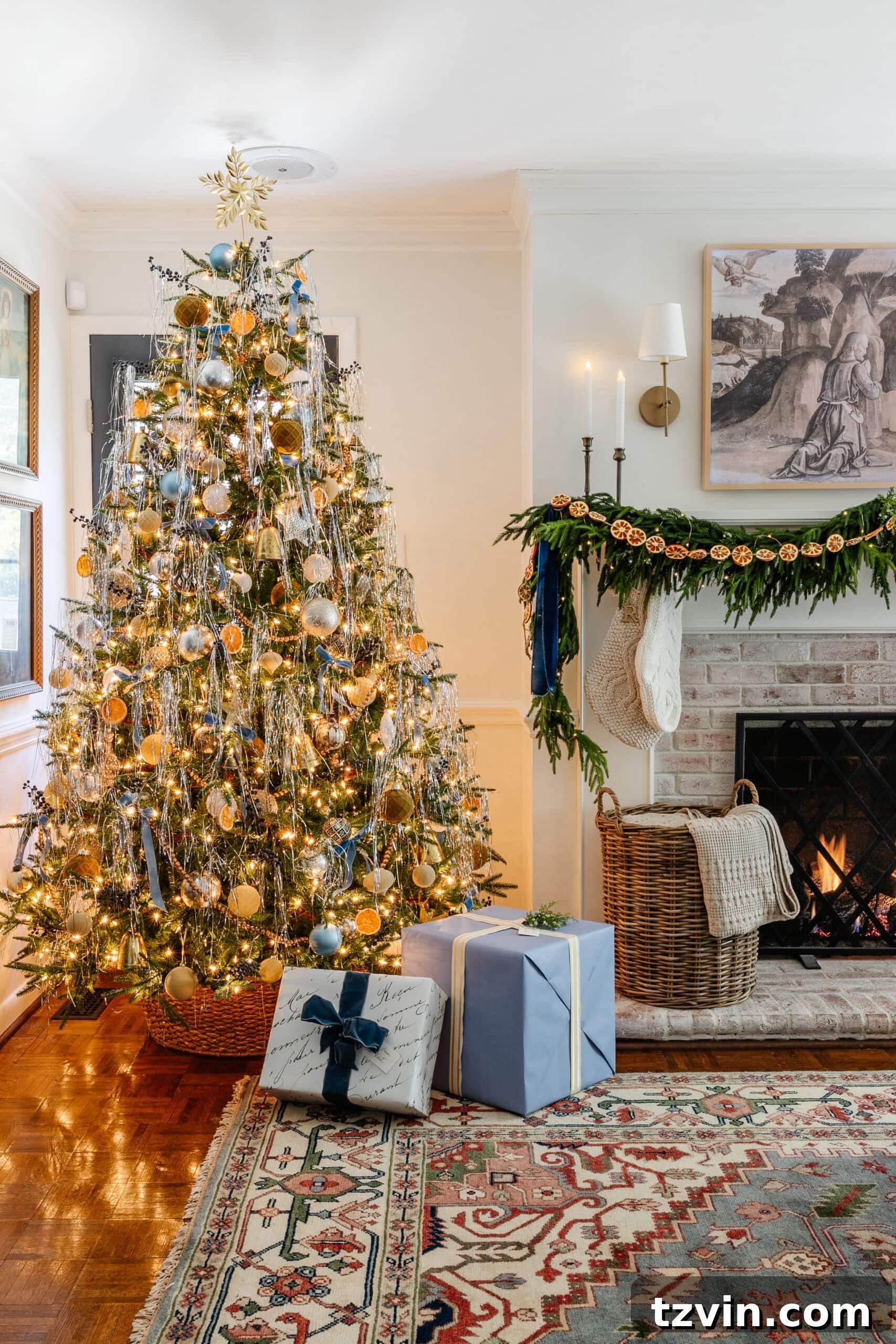 Snuggle-Worthy: 13 Christmas Living Room Decor Inspirations 12 tinsel Christmas tree and fireplace in a living room